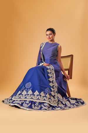Majestic Midnight Blue Silk Anarkali Suit Set with Heavy Floral Embroidery