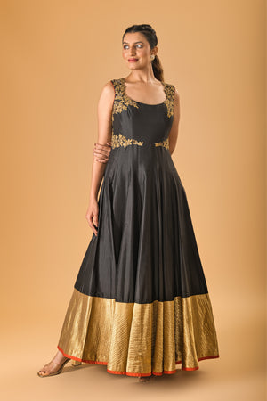 Black and Gold Embroidered Silk Gown