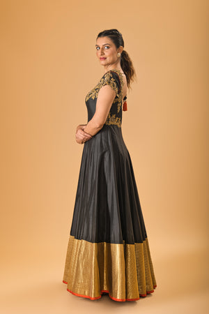 Black and Gold Embroidered Silk Gown