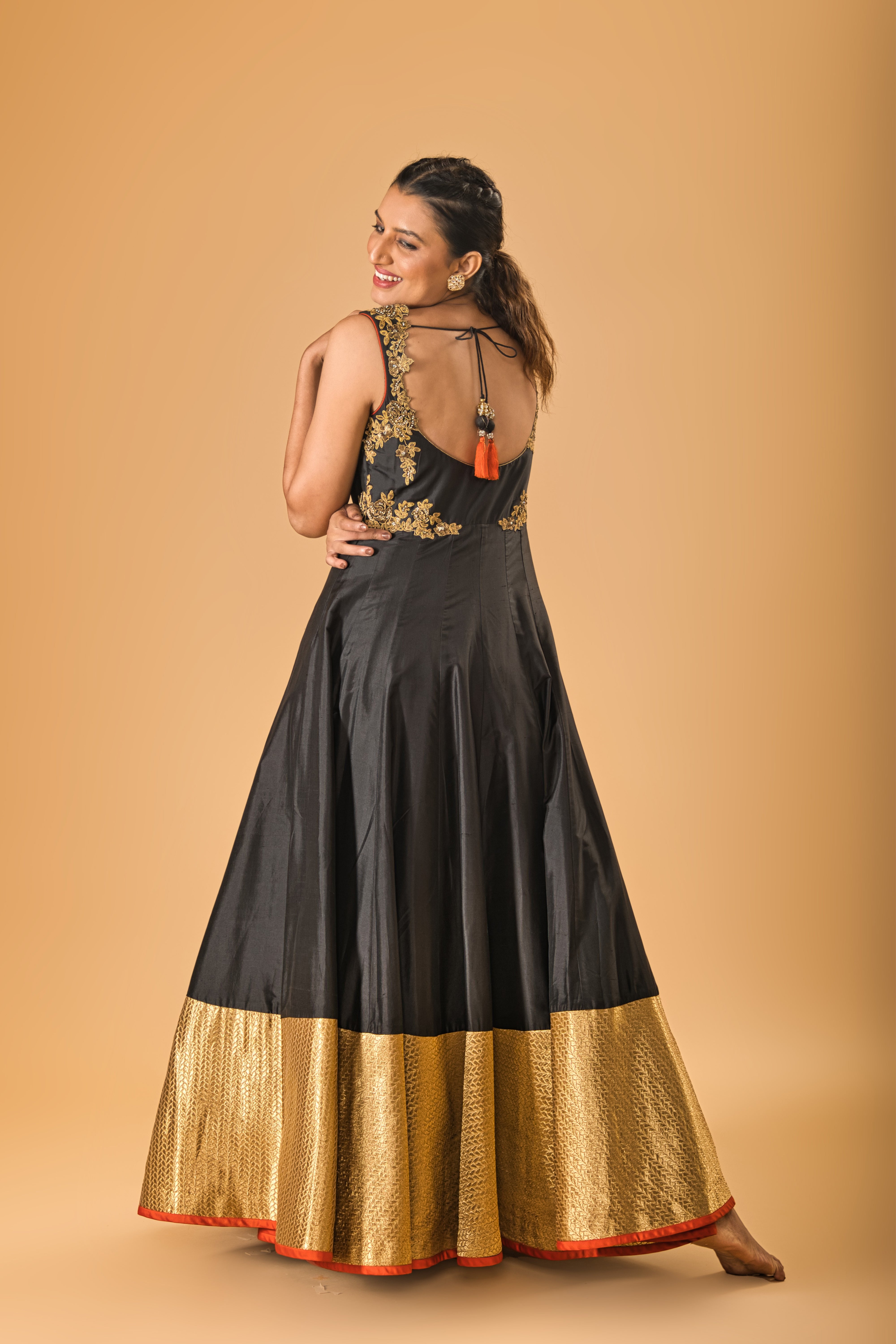 Black and Gold Embroidered Silk Gown