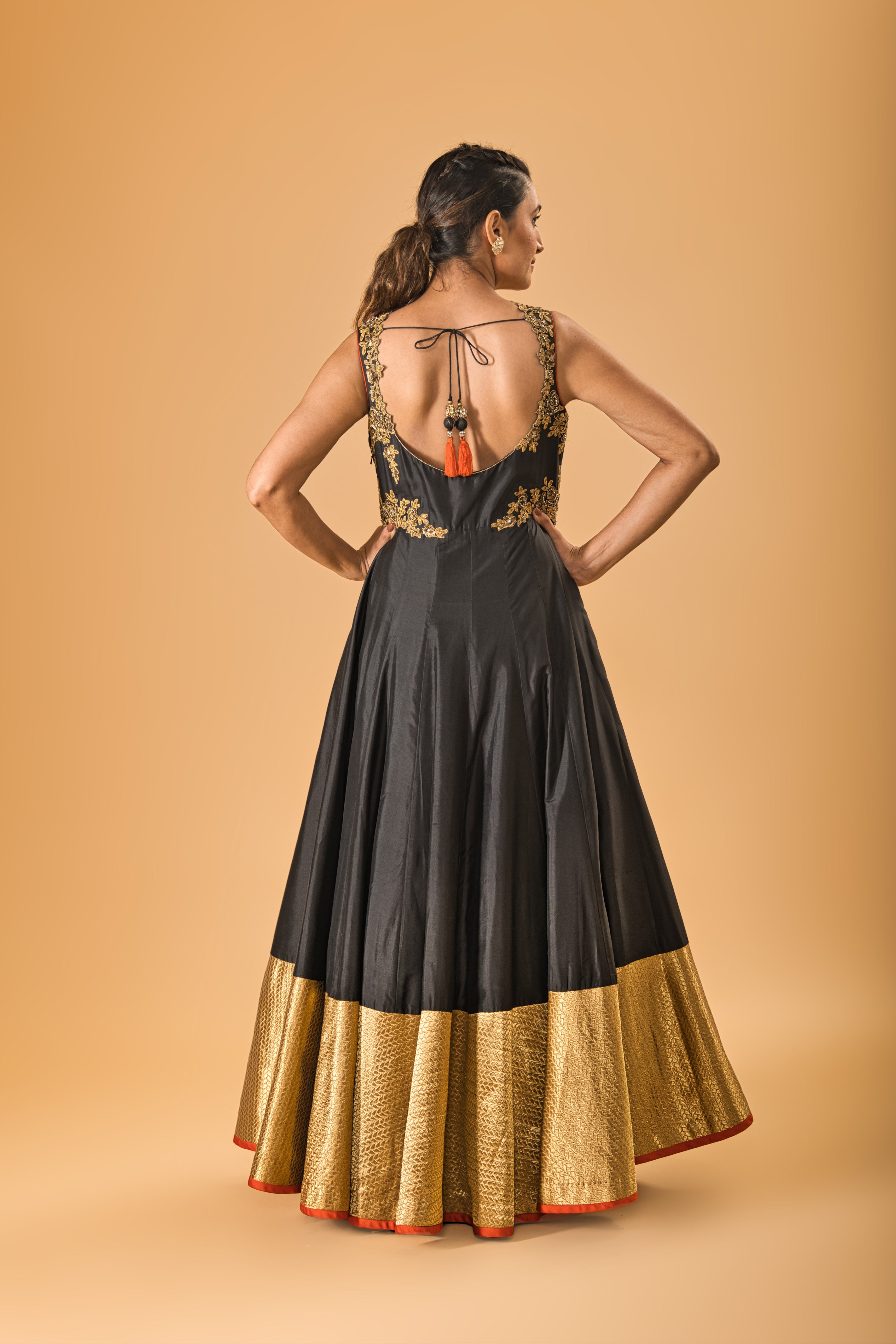 Black and Gold Embroidered Silk Gown