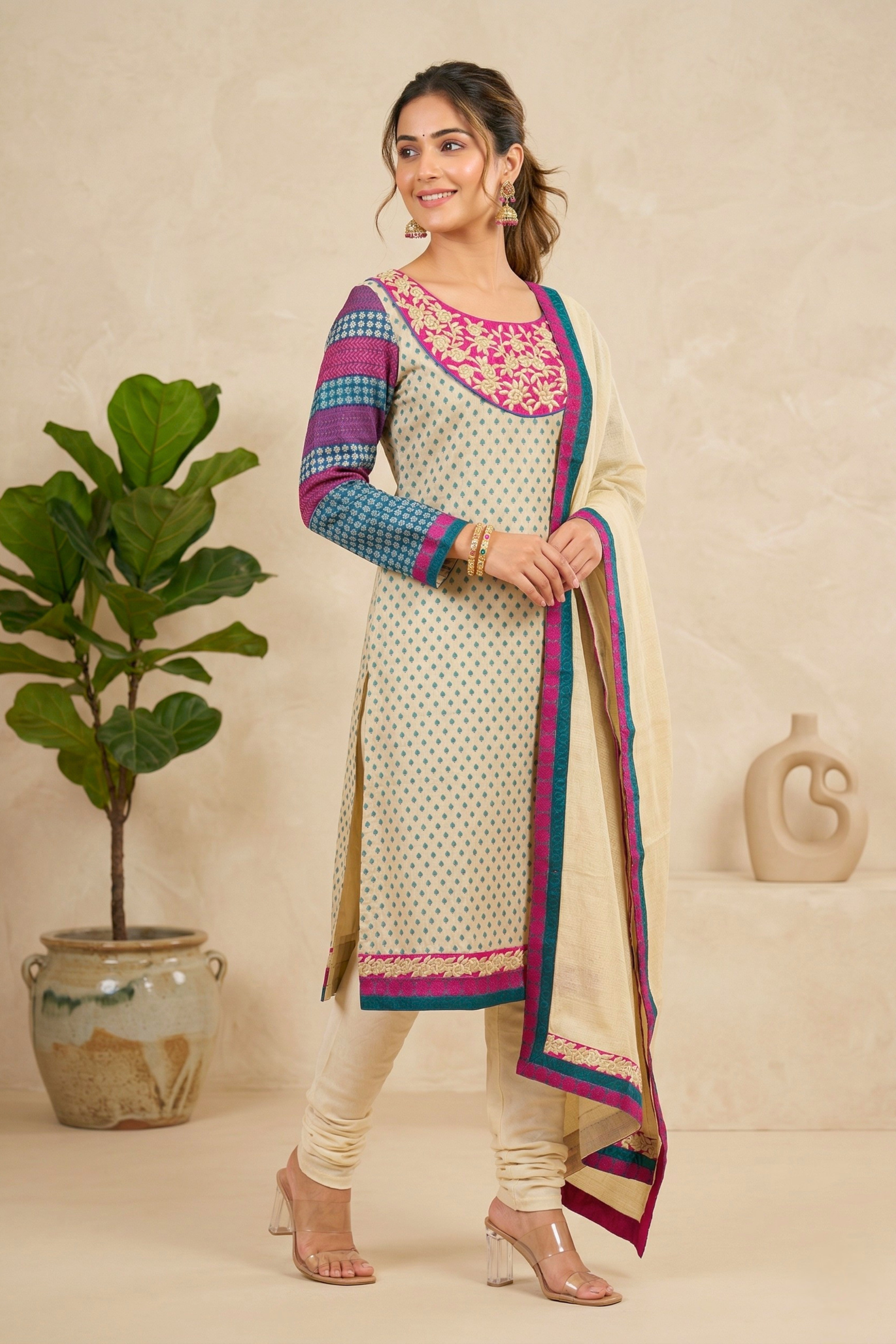 Elegant Beige Cotton Chanderi Suit Set with Embroidered Yoke