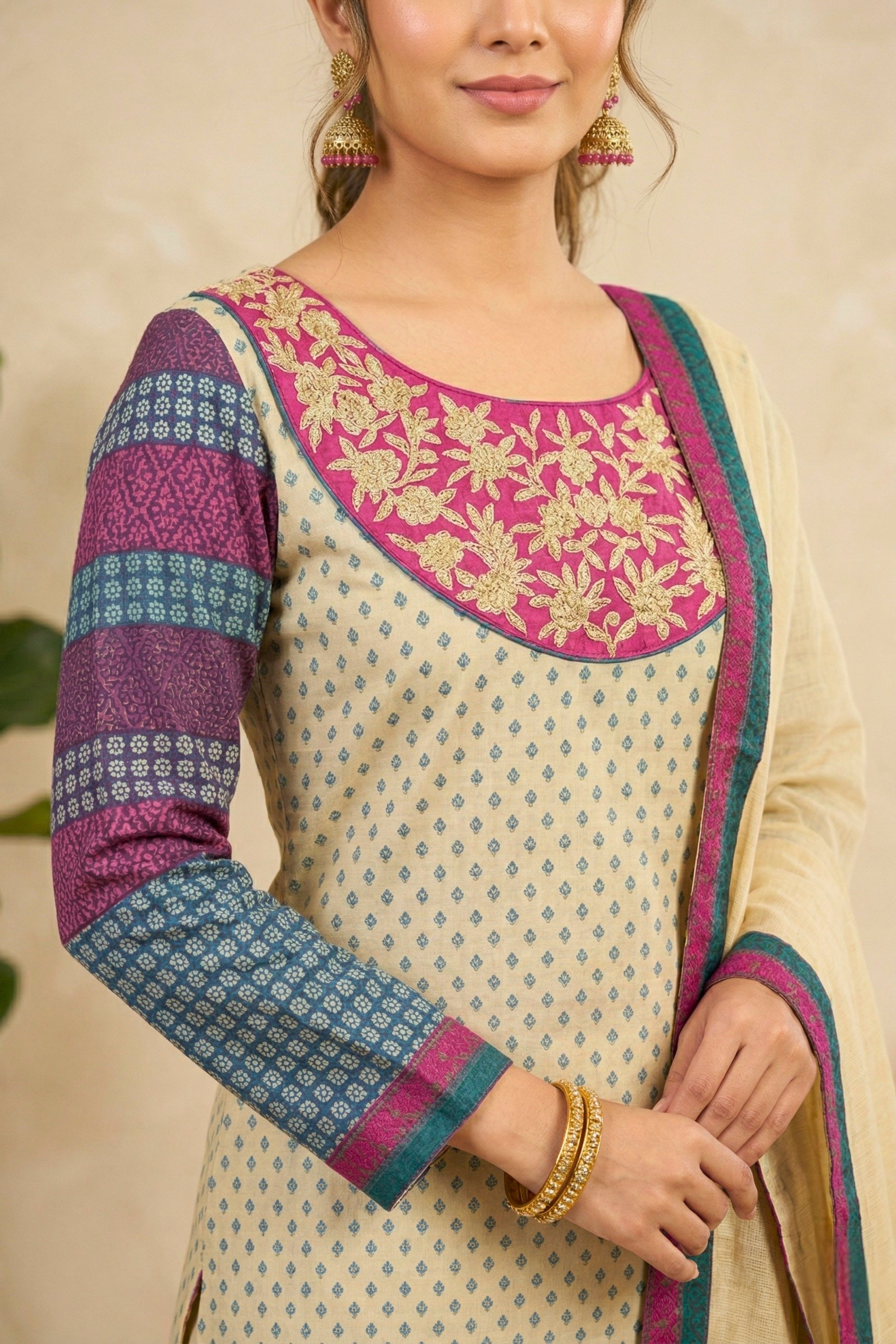 Elegant Beige Cotton Chanderi Suit Set with Embroidered Yoke