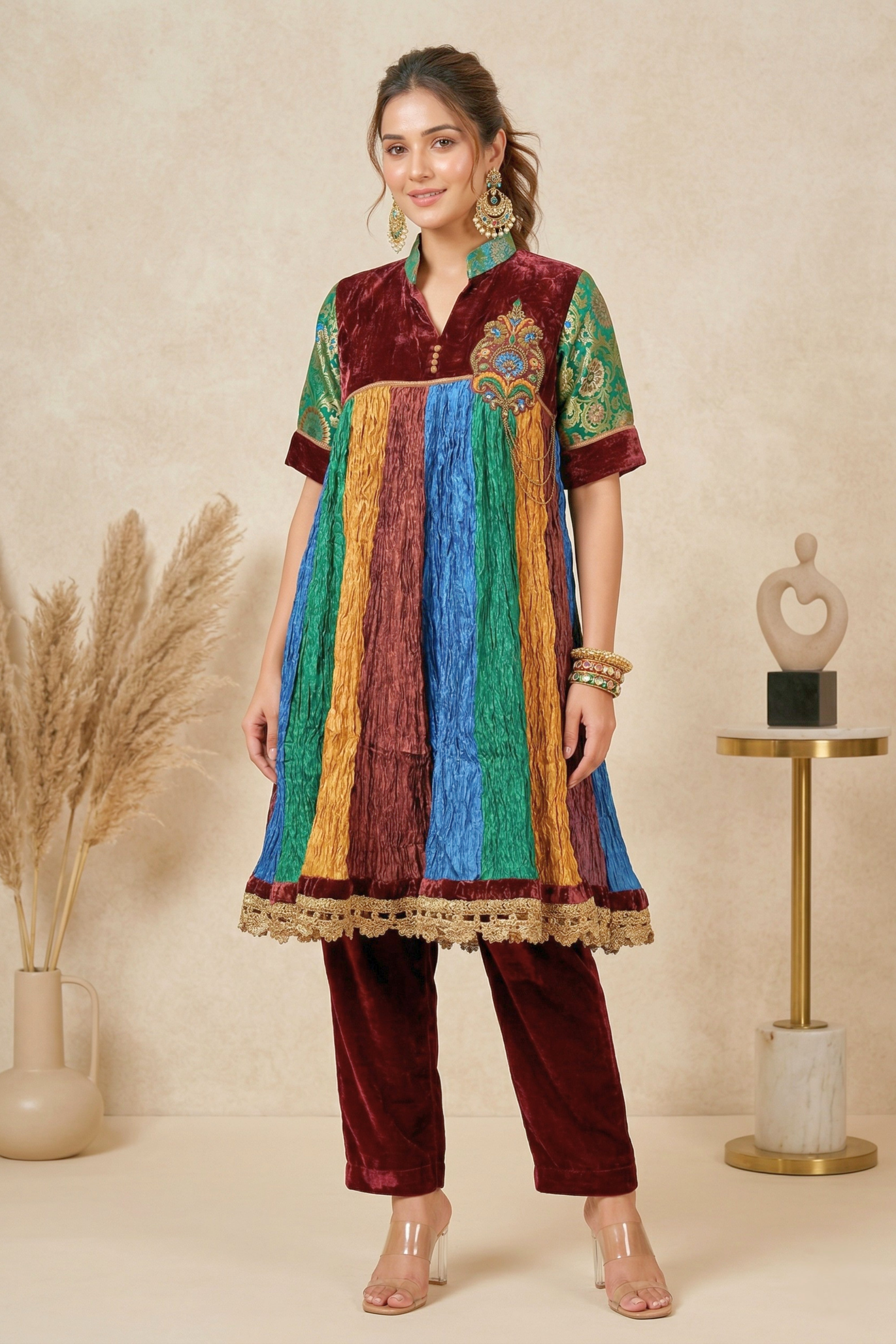 Eclectic Multi-Color Paneled Kurti with Velvet Yoke & Brocade Sleeves