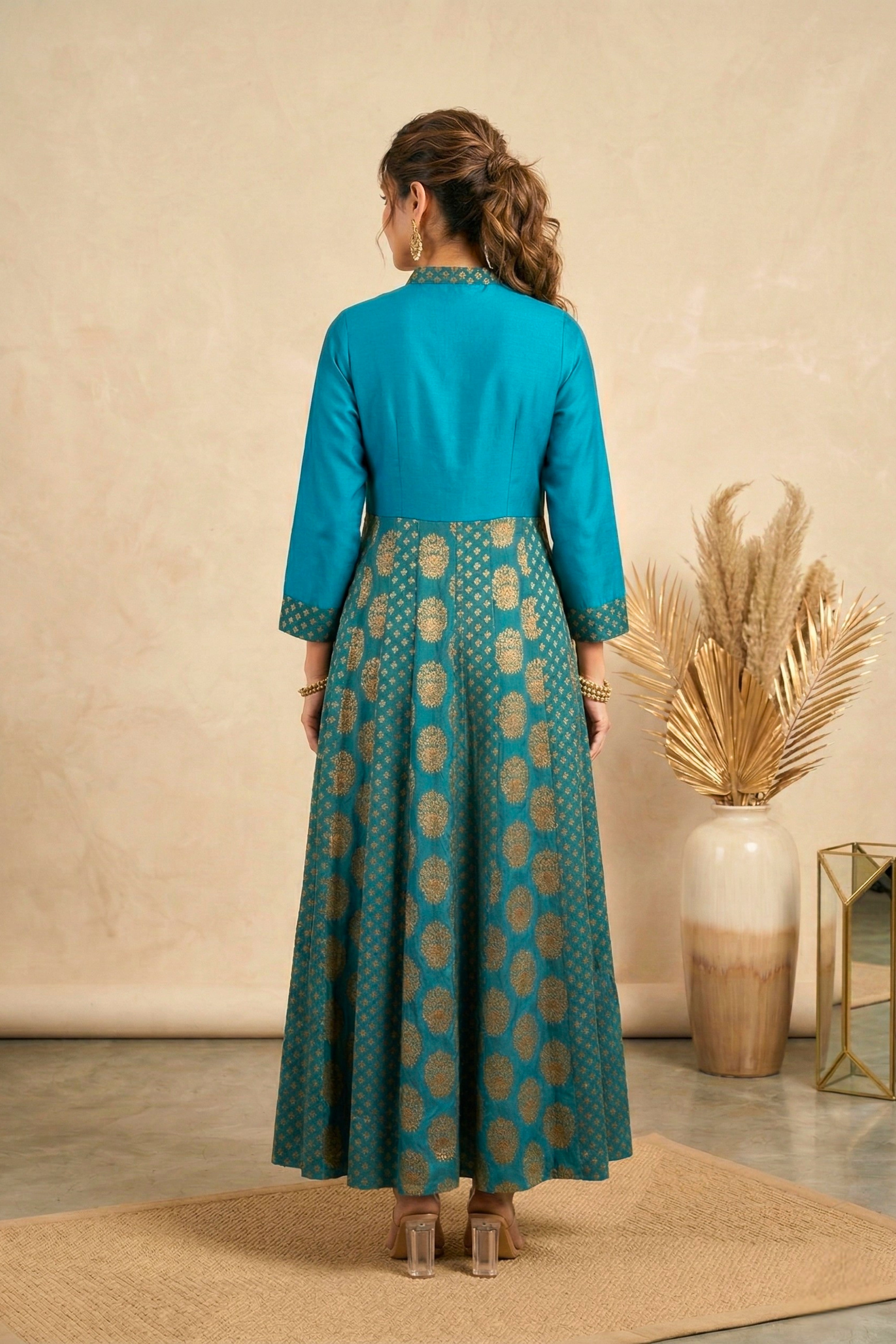 Teal Blue Banarasi Georgette Anarkali Gown