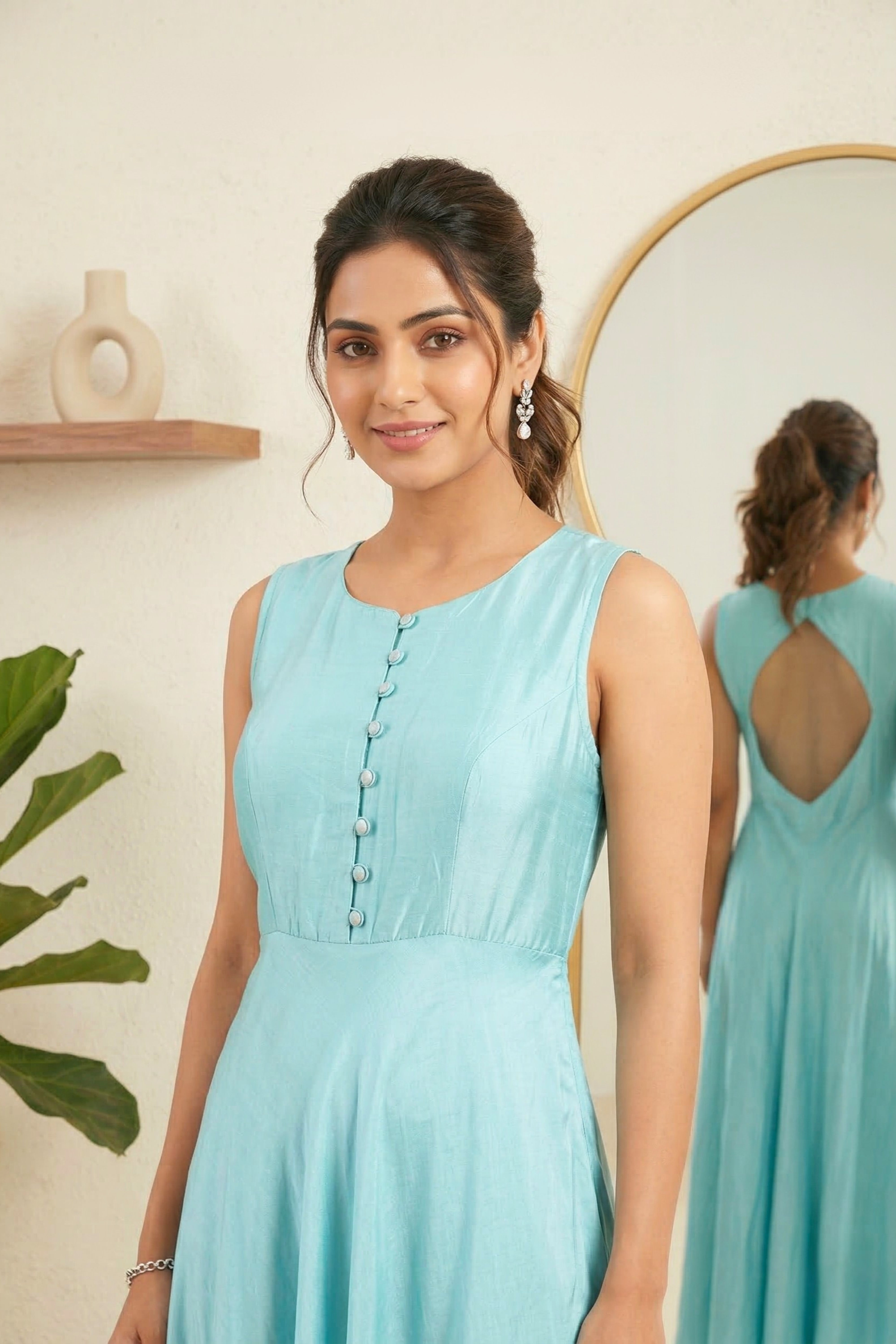 Aqua Blue Sleeveless Silk A-Line Dress with Cutout Back