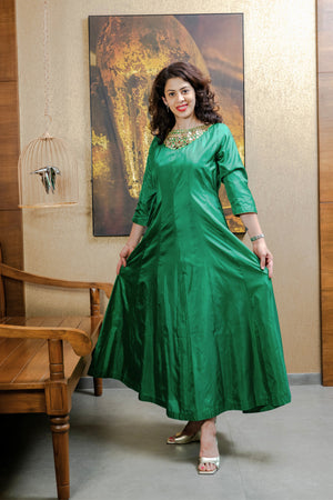 Emerald Green Silk Flared Maxi Dress with Intricate Mirror Work