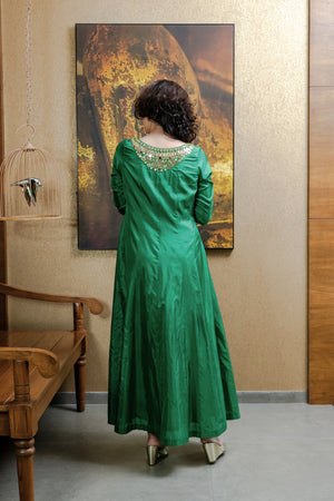 Emerald Green Silk Flared Maxi Dress with Intricate Mirror Work
