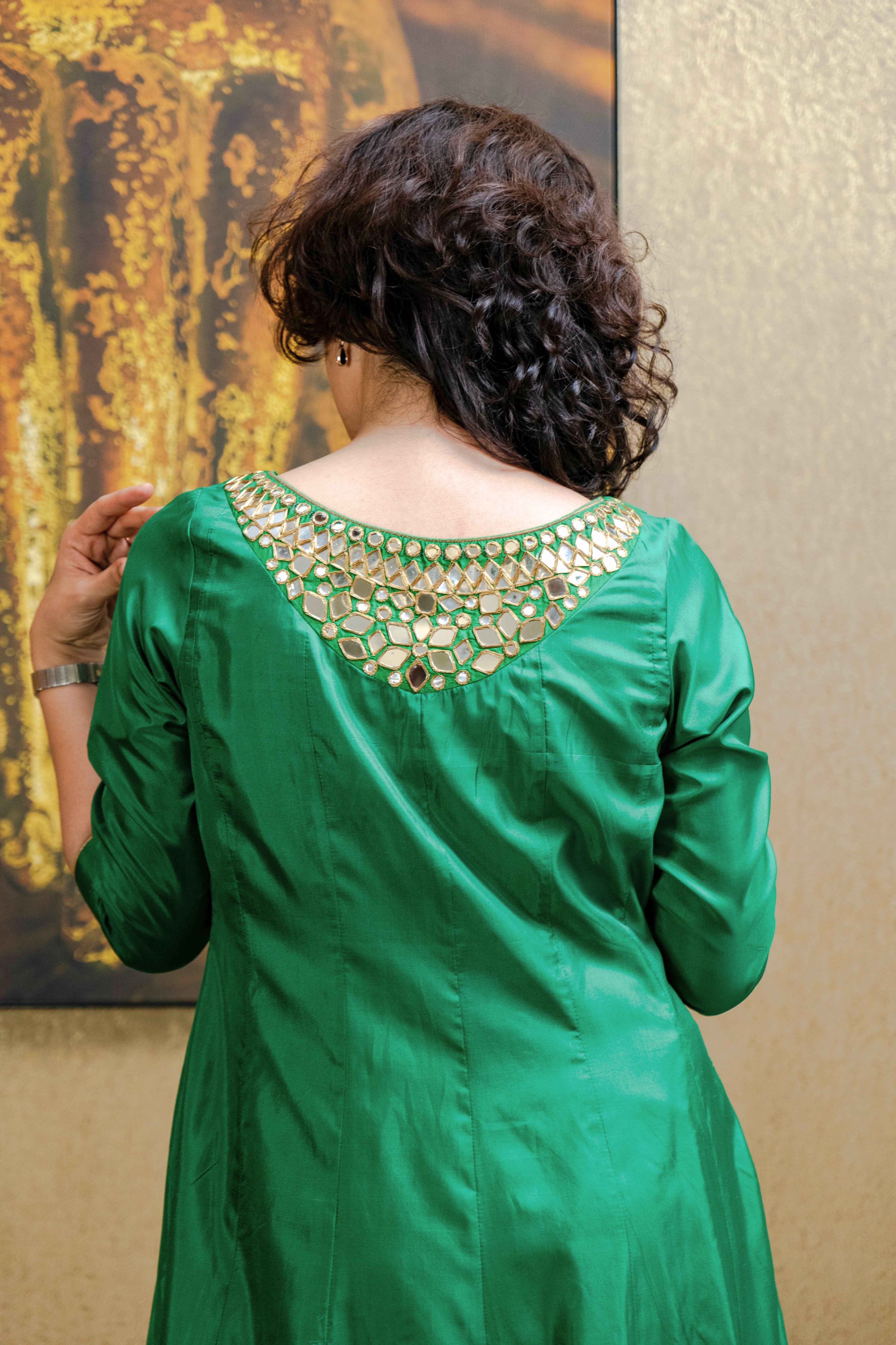 Emerald Green Silk Flared Maxi Dress with Intricate Mirror Work