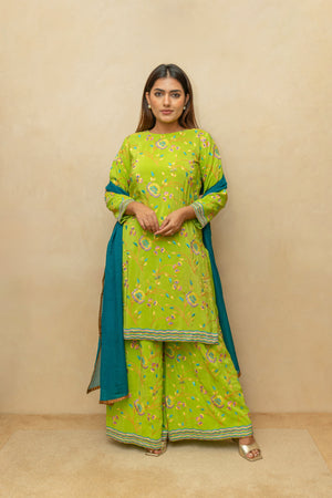 Lime Green Crepe Silk Parsi Work Sharara Suit Set