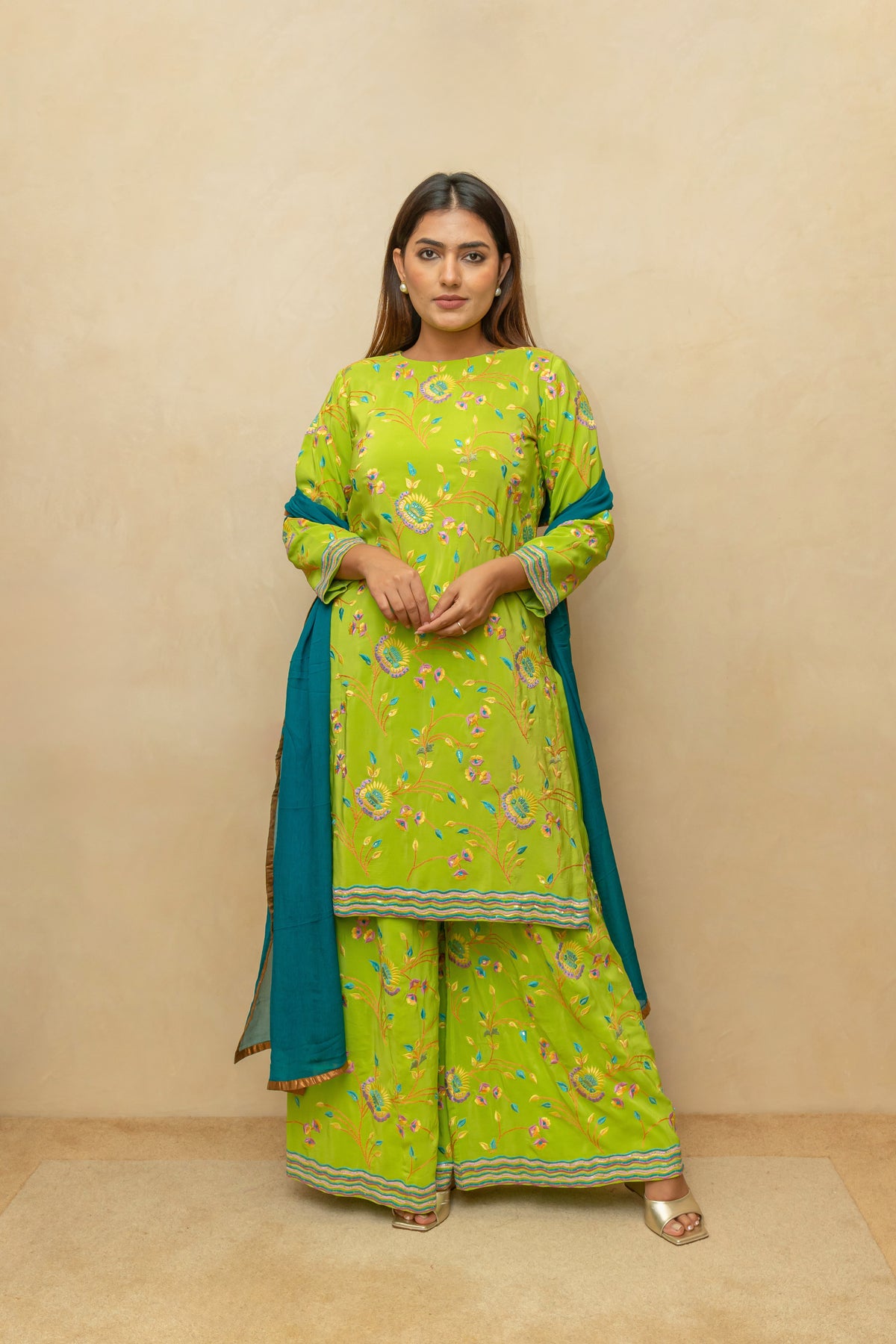 Lime Green Crepe Silk Parsi Work Sharara Suit Set
