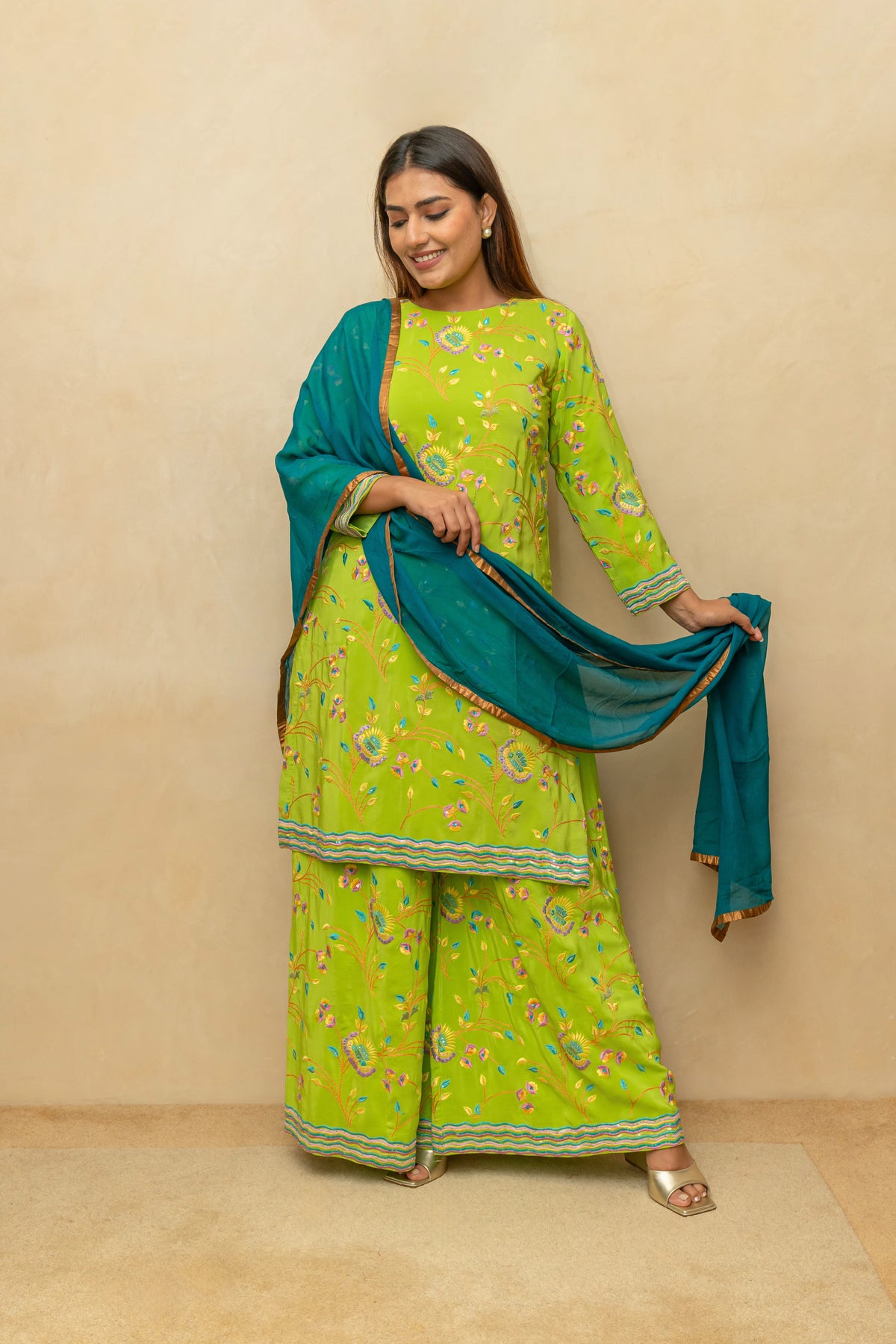Lime Green Crepe Silk Parsi Work Sharara Suit Set