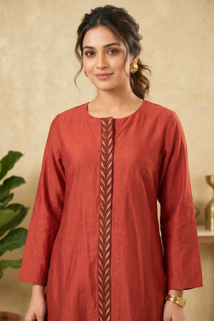Elegant Rust Red Silk Co-ord Set with Chevron Embroidered Placket