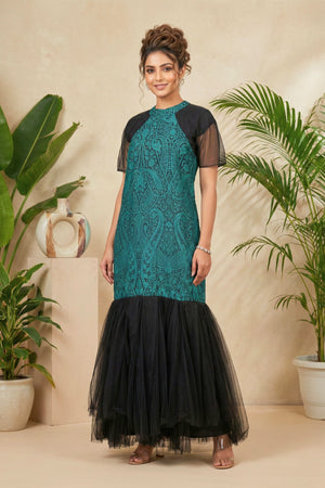 Enchanting Teal & Black Paisley Print Drop-Waist Tulle Gown