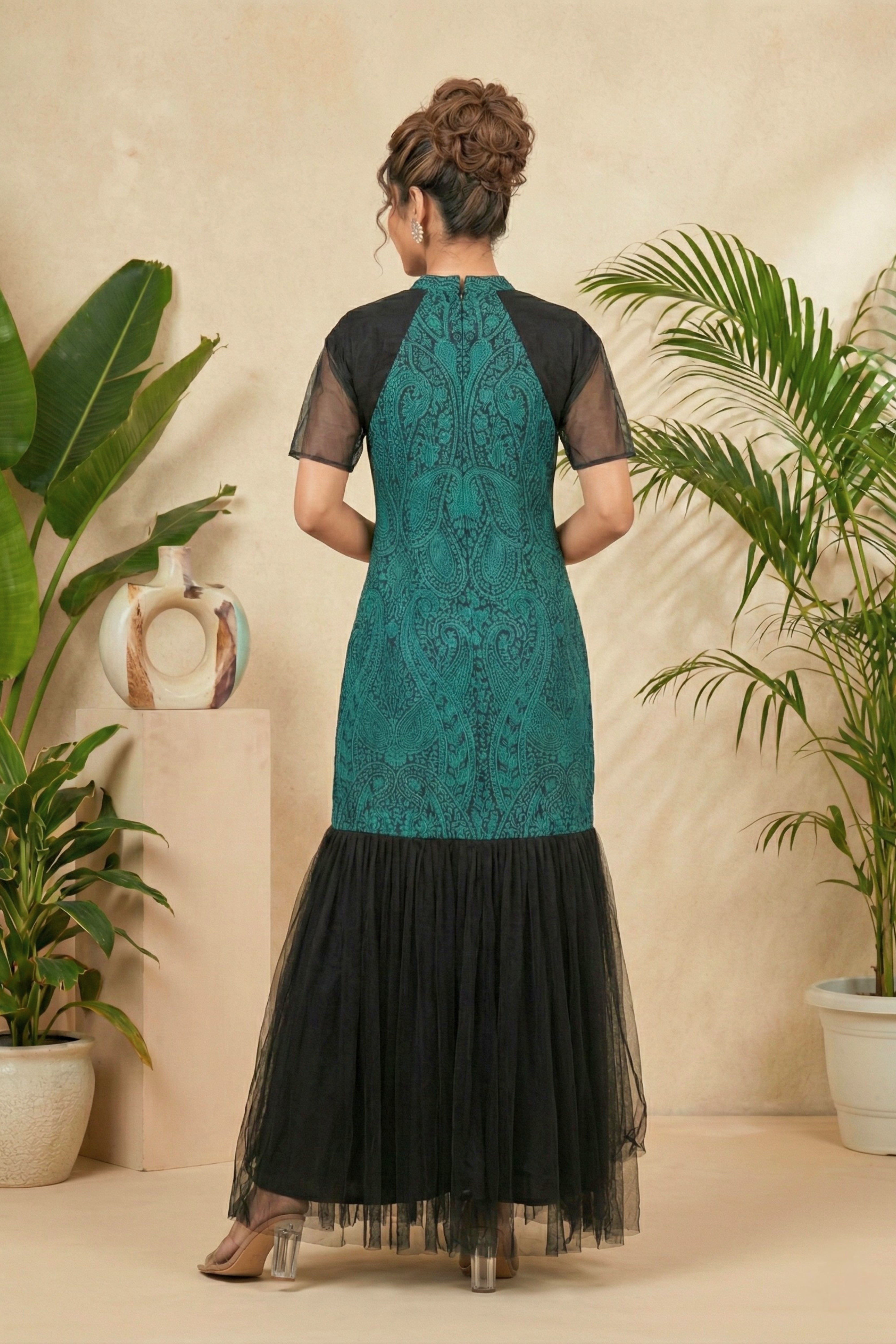 Enchanting Teal & Black Paisley Print Drop-Waist Tulle Gown