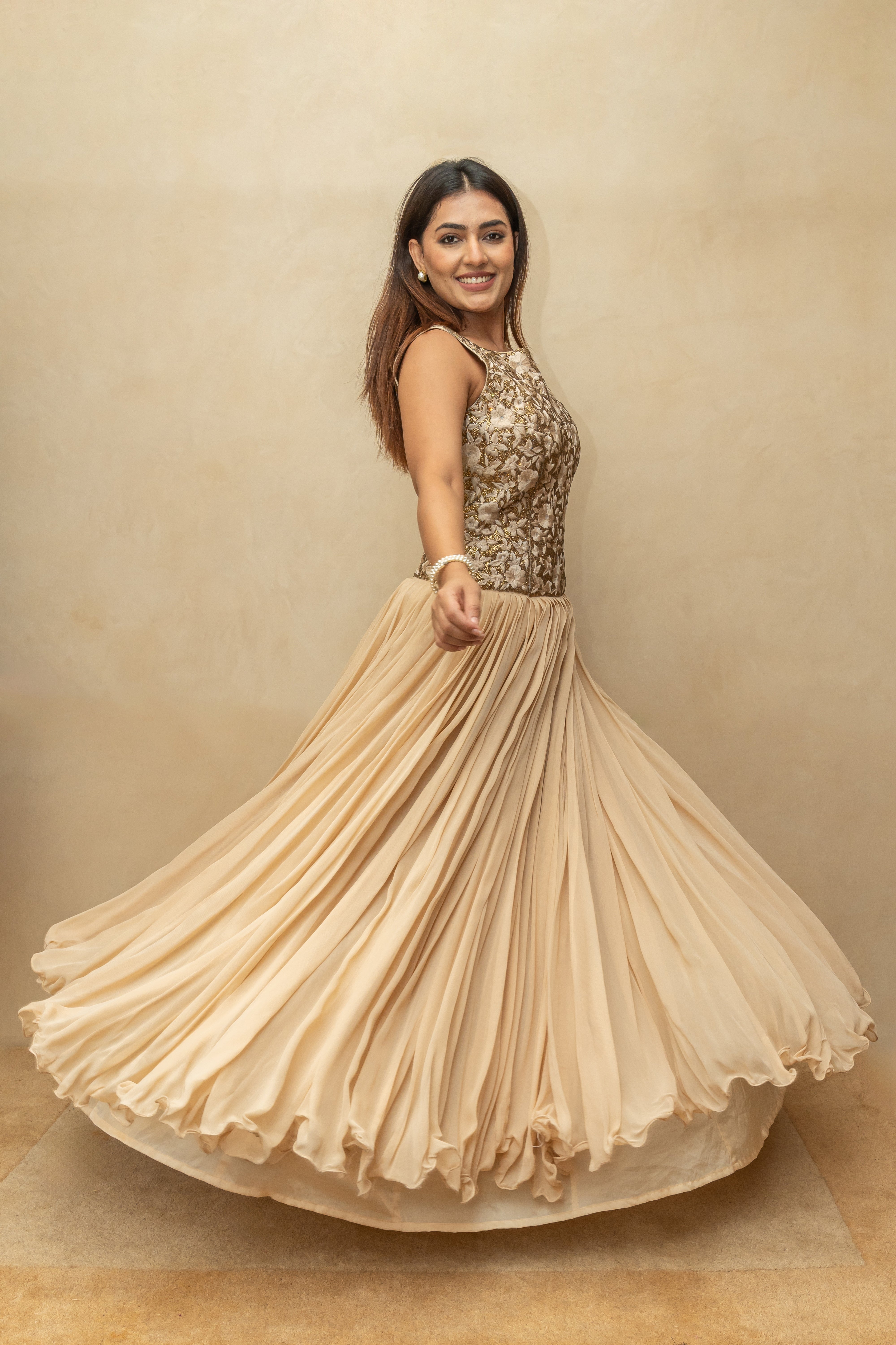 Beige and Gold Georgette Gown