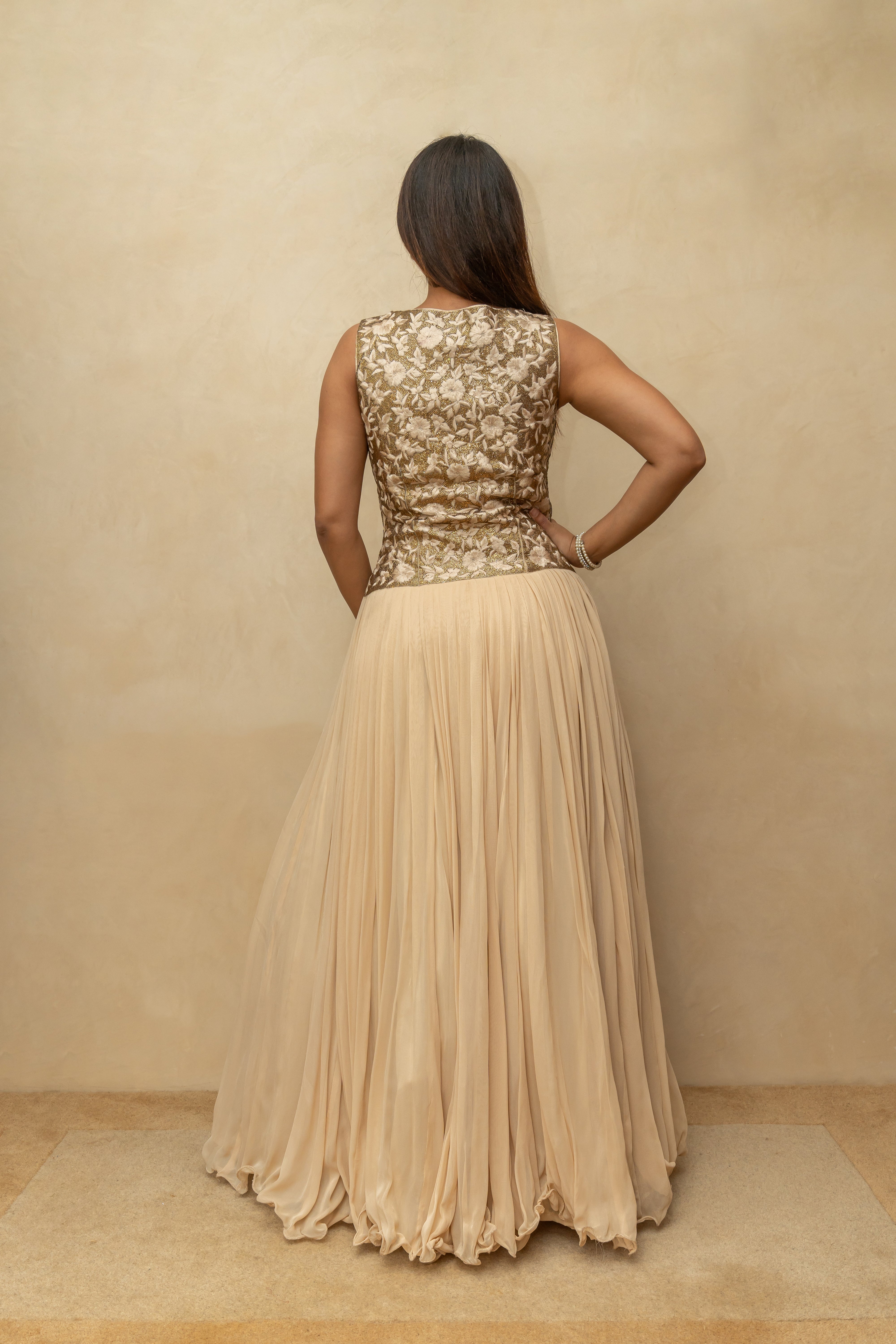 Beige and Gold Georgette Gown