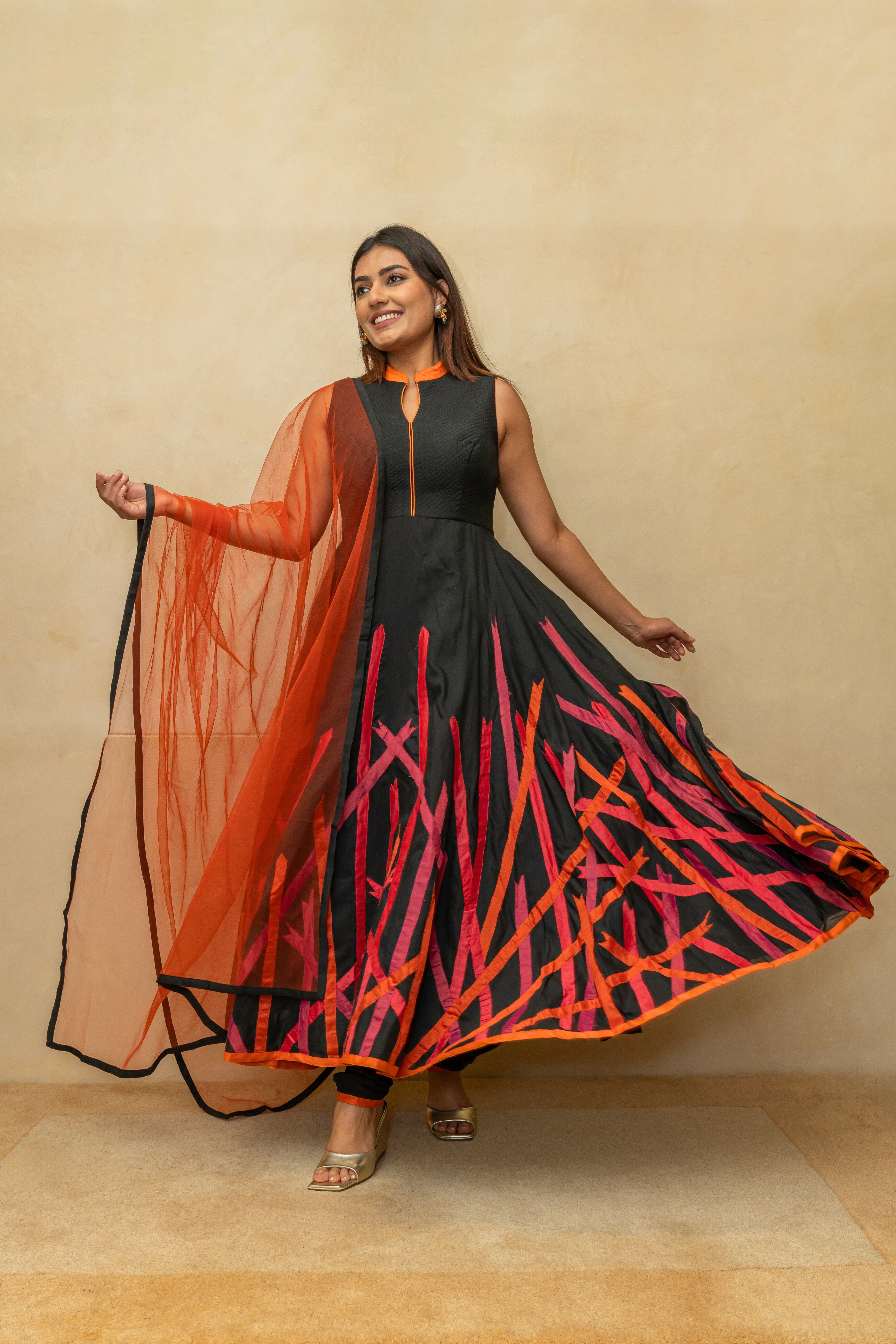 Black Applique Work Chanderi Silk Suit Set