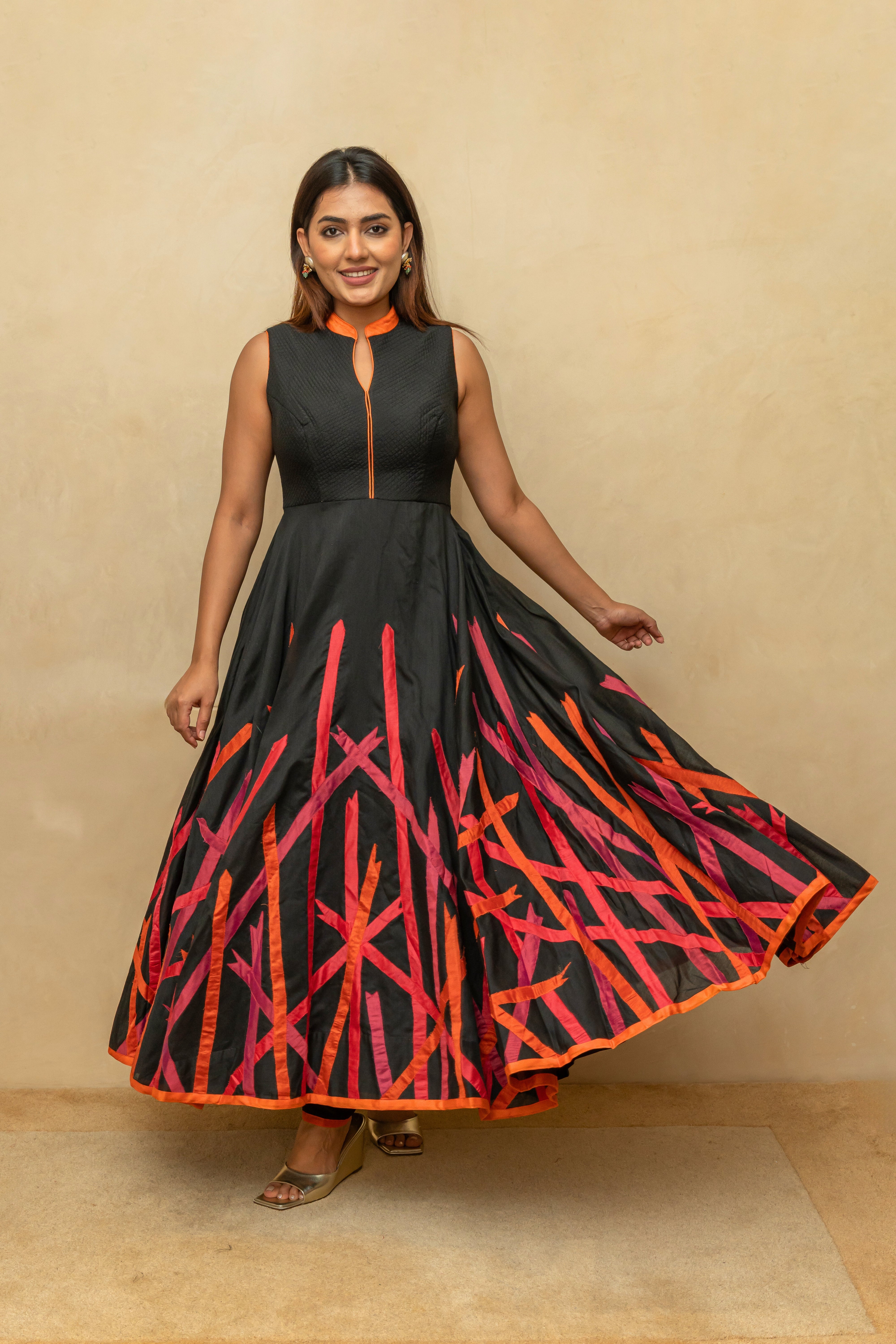 Black Applique Work Chanderi Silk Suit Set