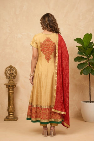 Regal Golden Beige Silk Anarkali Suit Set with Red Zari Embroidery