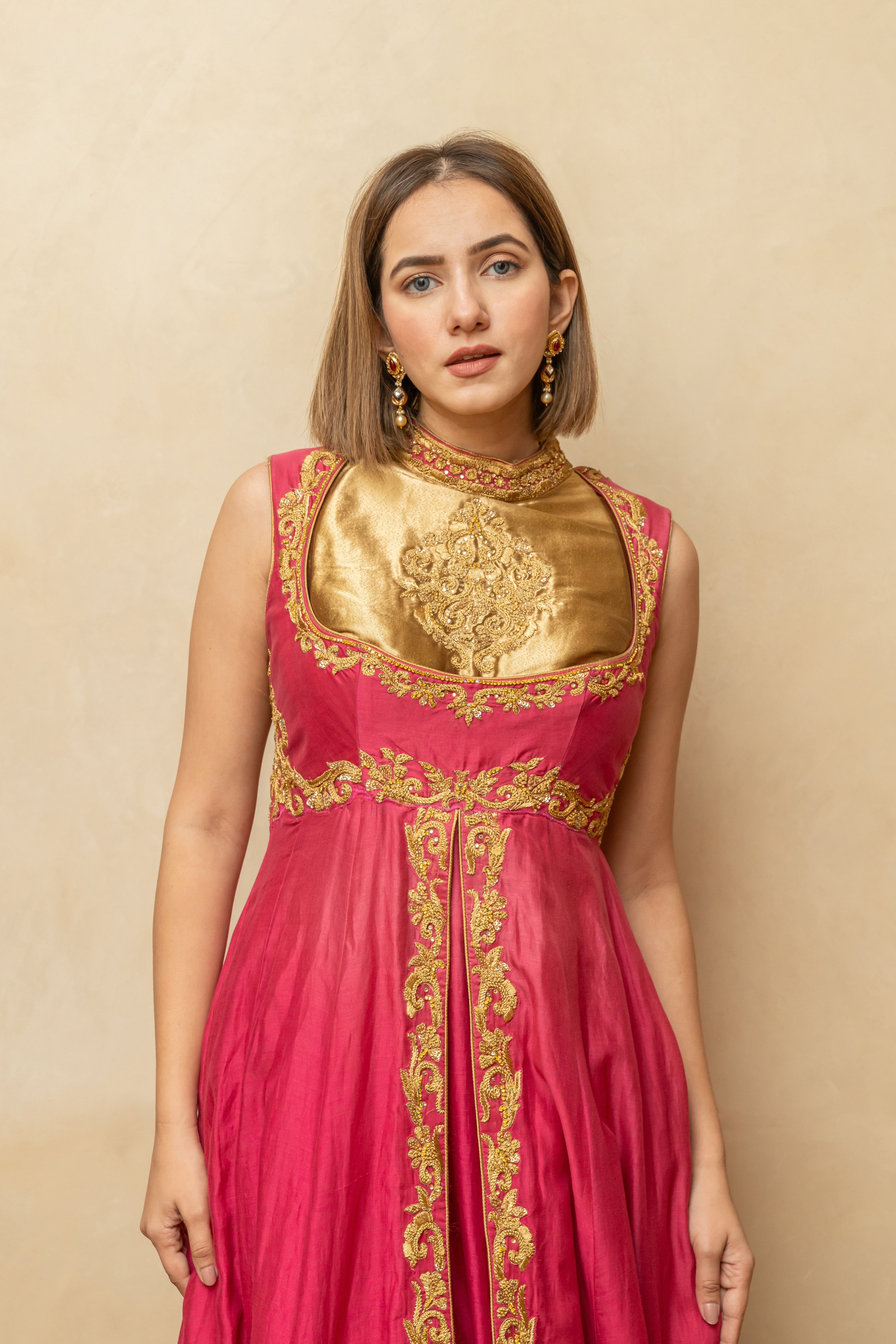 Pink and Gold Chanderi Silk Anarkali Suit Set