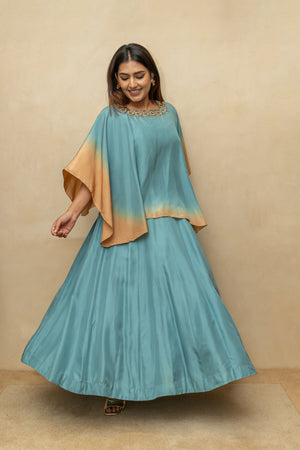 Ash Blue Soft Silk Indo-Western Cape Set