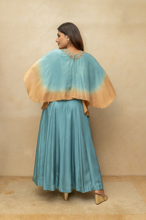 Ash Blue Soft Silk Indo-Western Cape Set