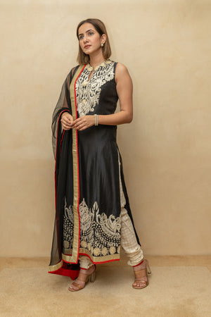 Black Chanderi Silk Suit Set with Off-White Threadwork