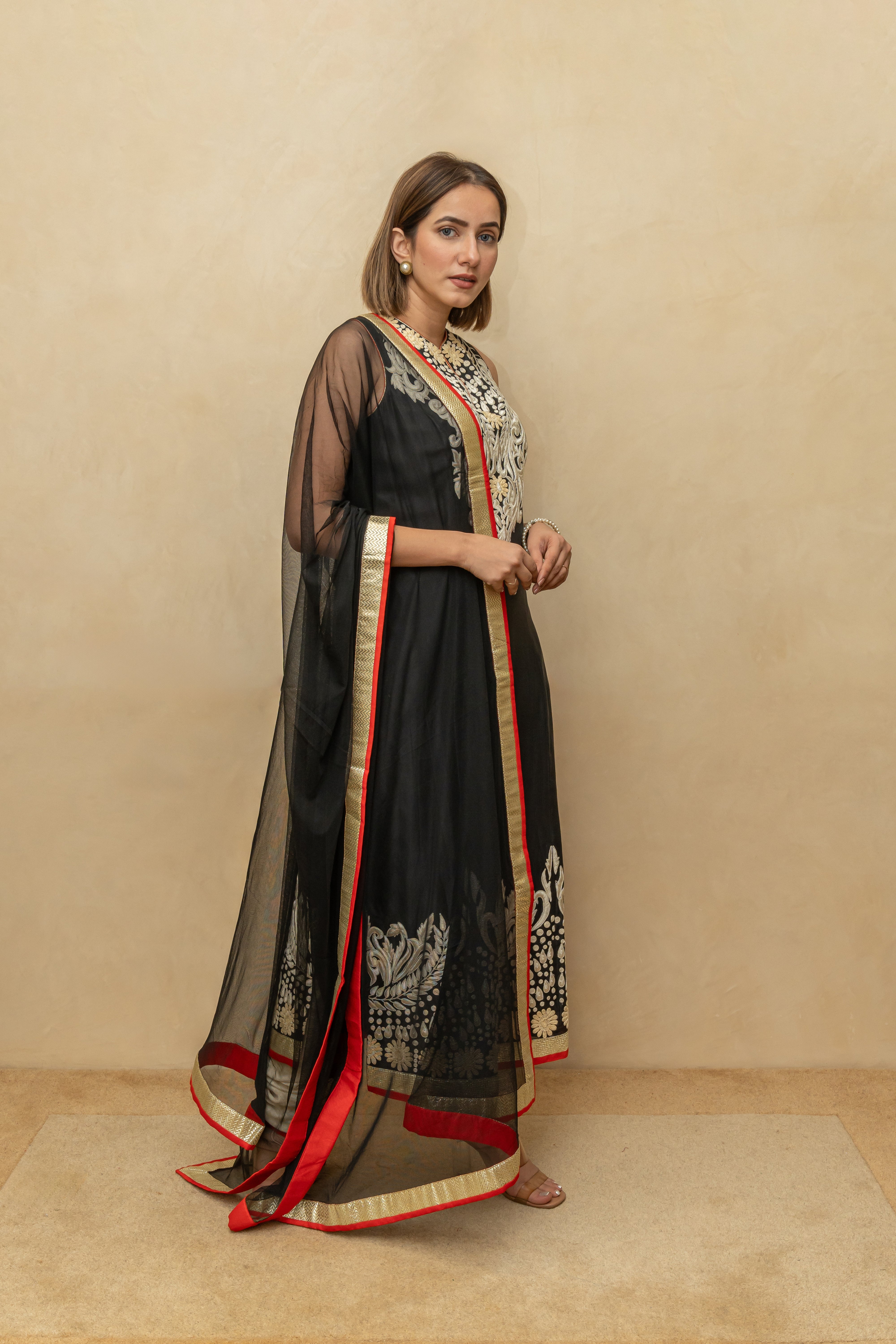 Black Chanderi Silk Suit Set with Off-White Threadwork