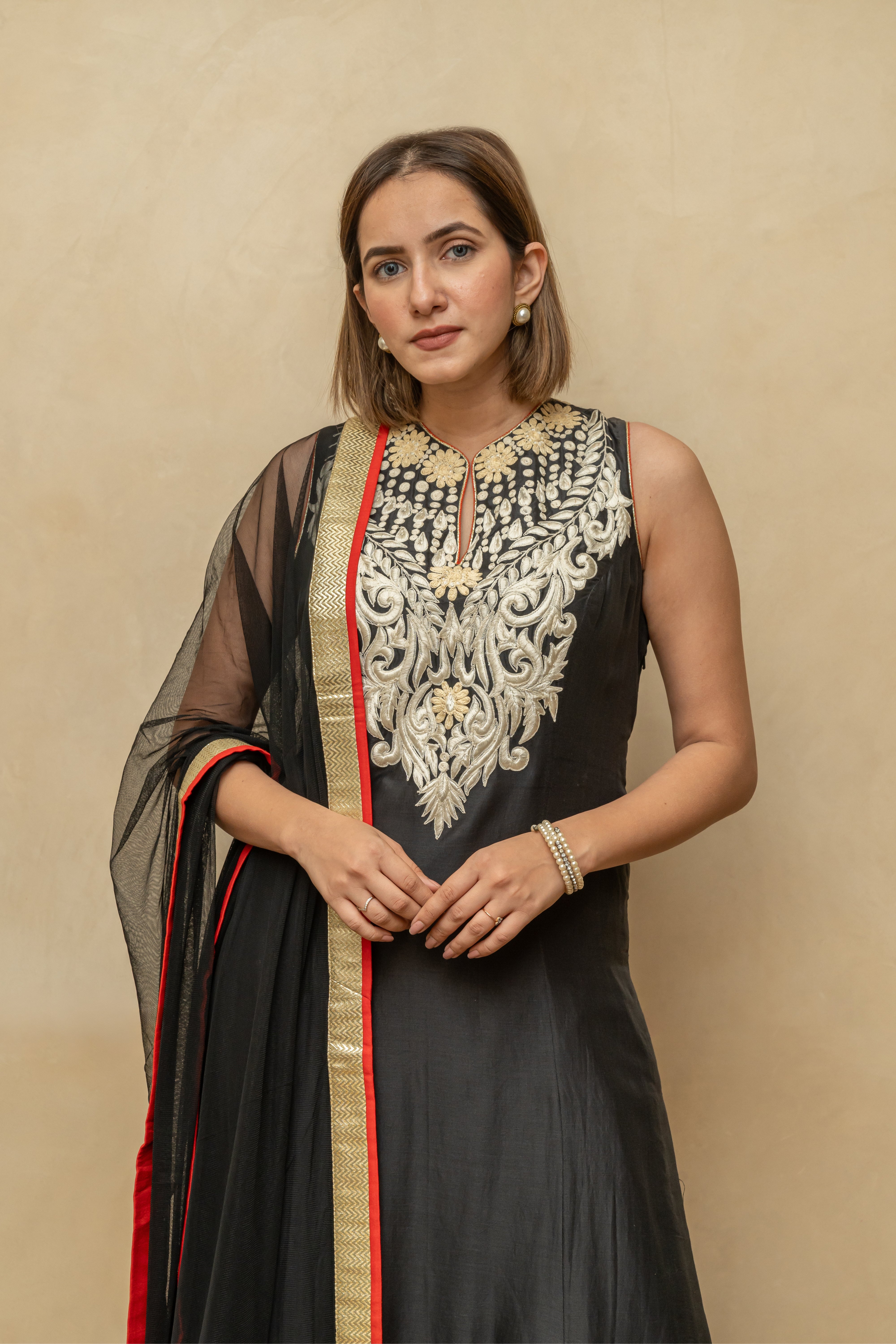 Black Chanderi Silk Suit Set with Off-White Threadwork
