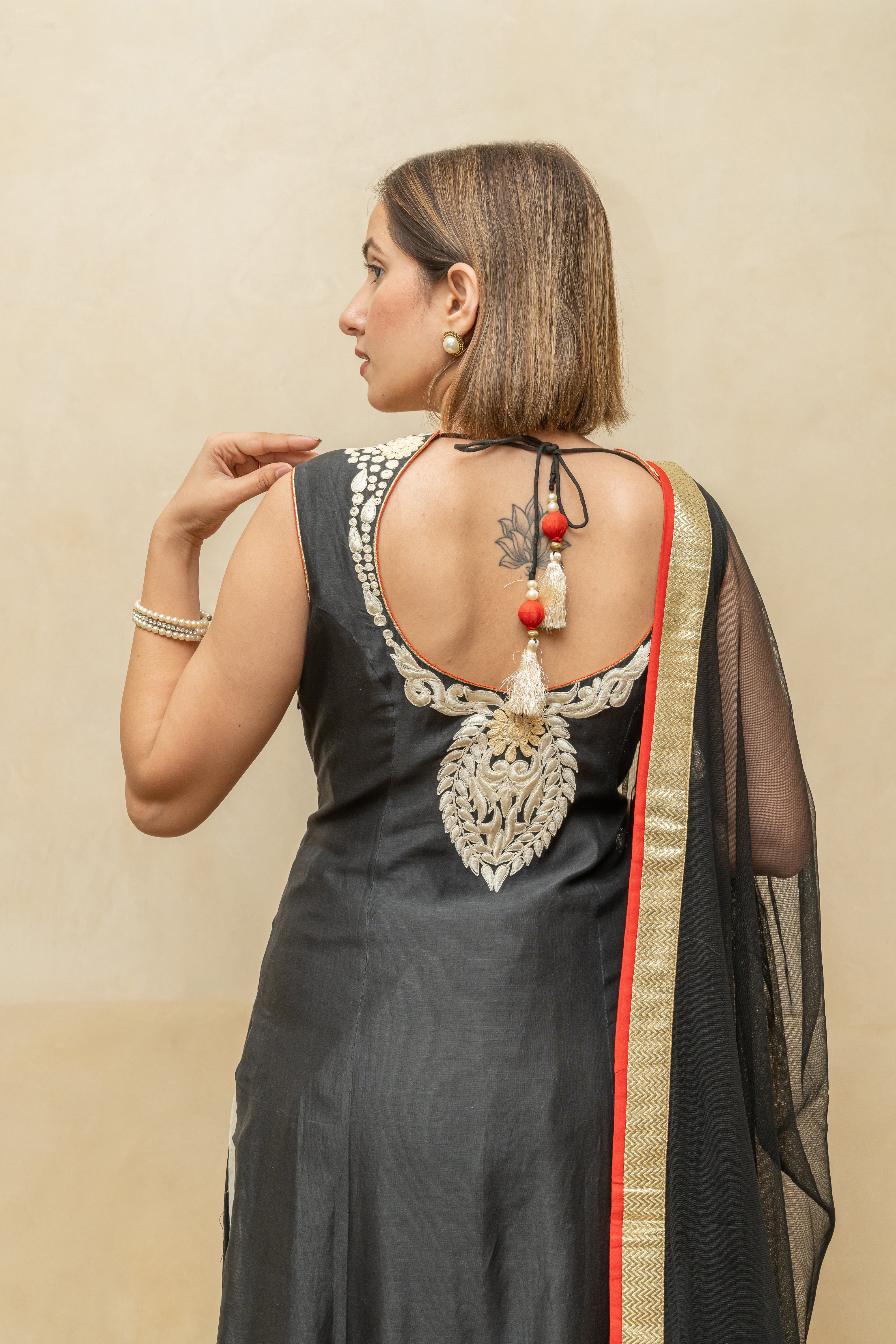 Black Chanderi Silk Suit Set with Off-White Threadwork
