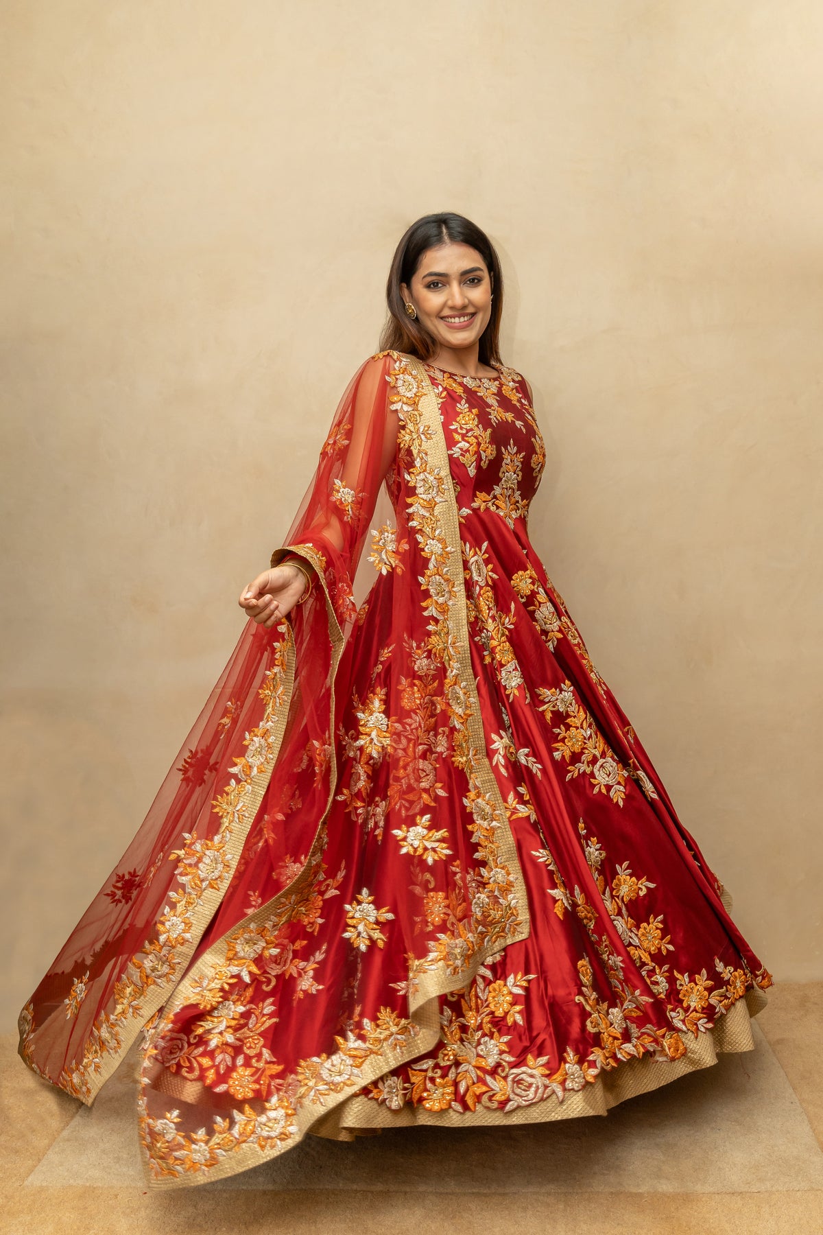 Maroon & Gold Floral Silk Anarkali Gown