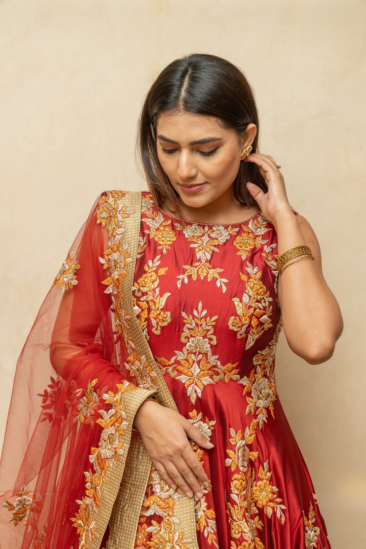 Maroon & Gold Floral Silk Anarkali Gown