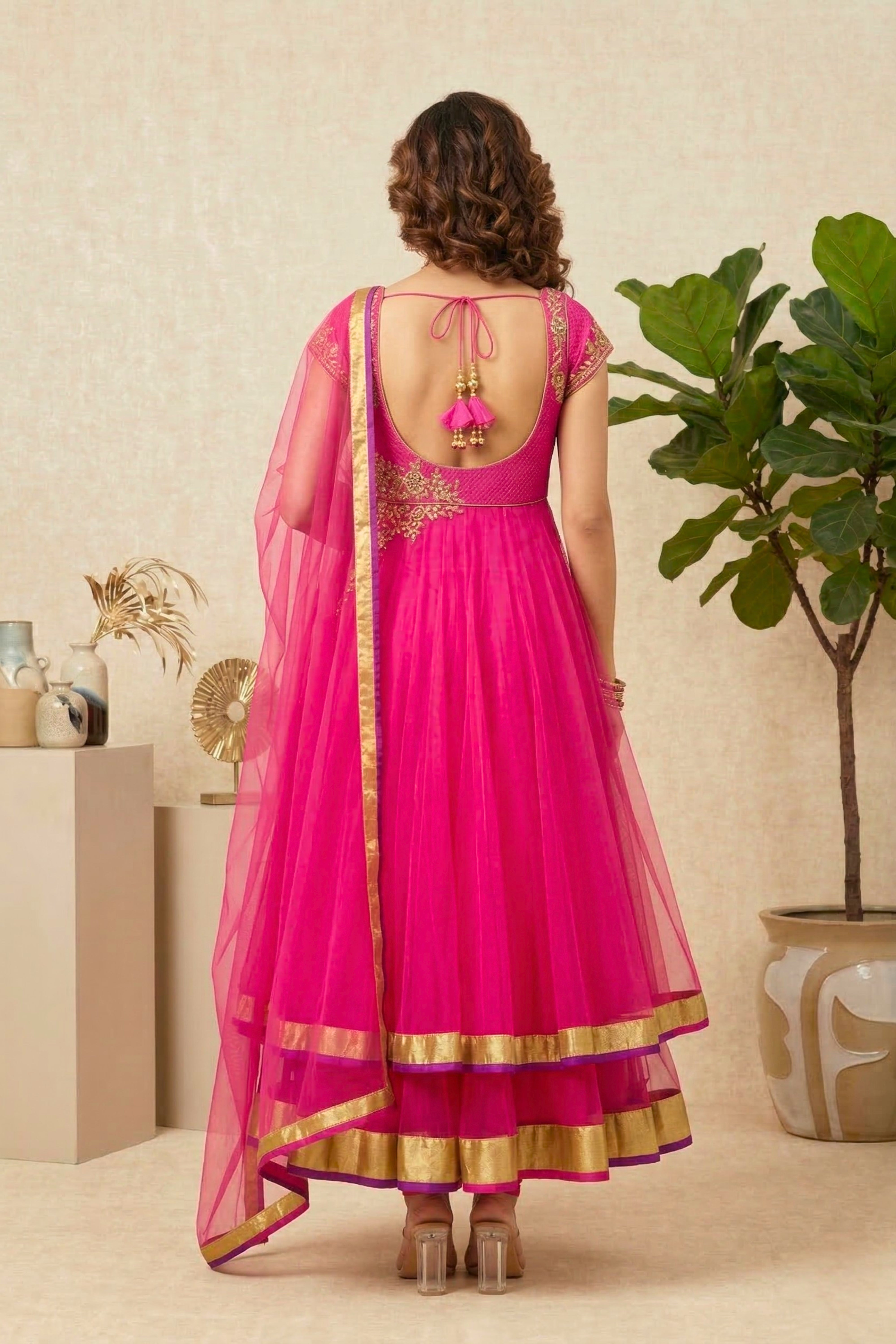 Vibrant Fuchsia Pink Net Anarkali Suit Set with Gold Embroidery