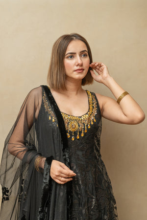 Black & Gold Self-Sequin Work Anarkali Suit Set