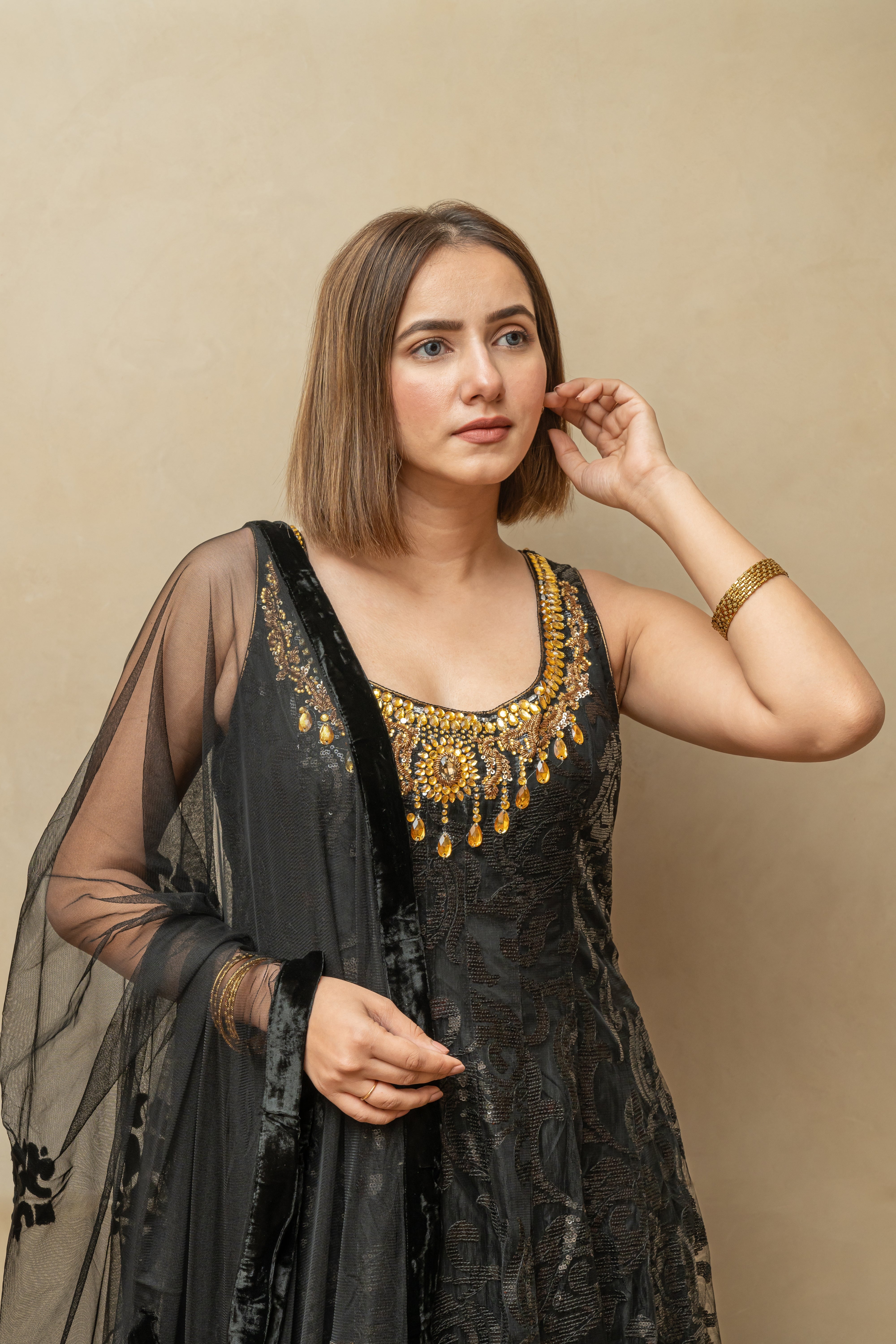 Black & Gold Self-Sequin Work Anarkali Suit Set