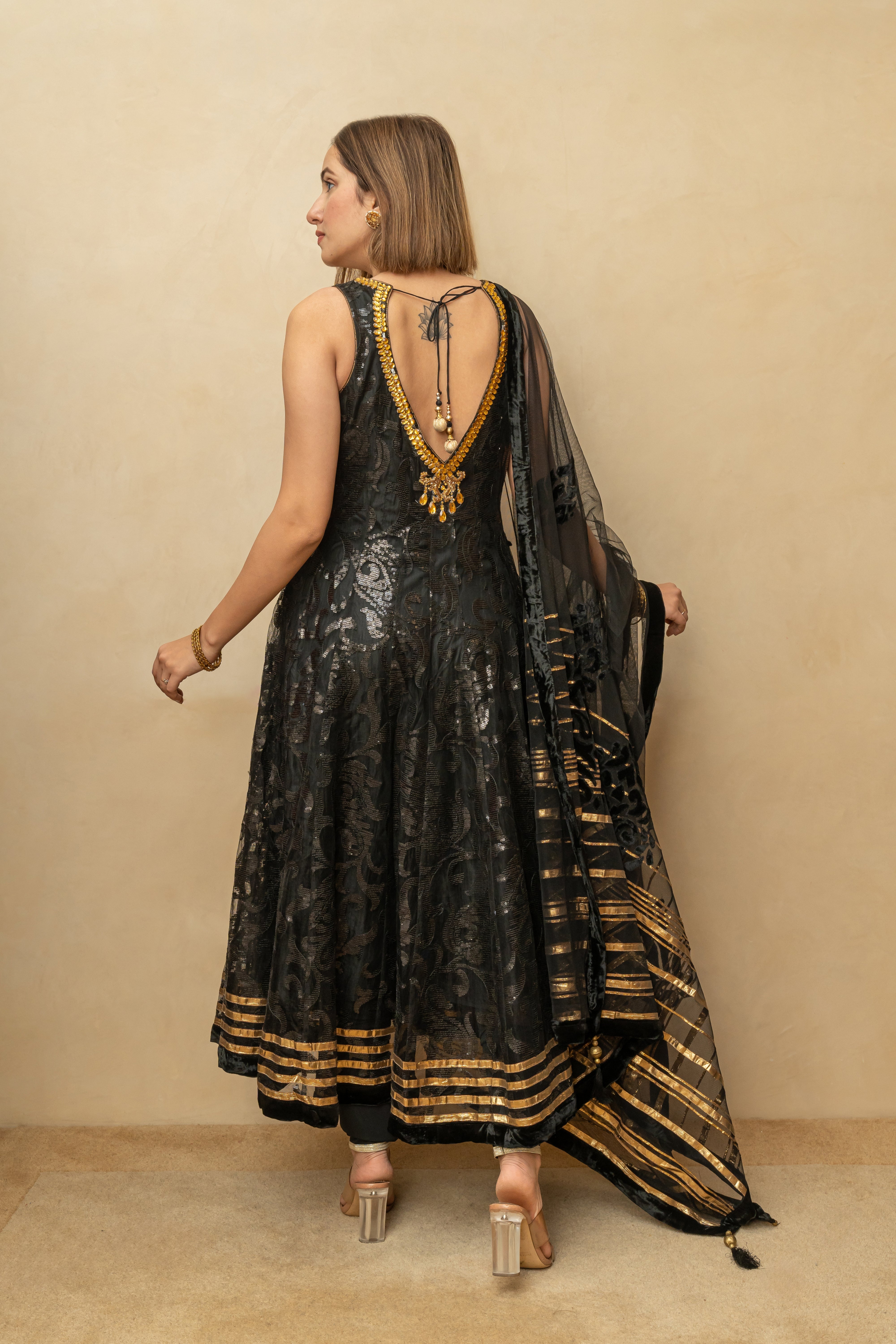 Black & Gold Self-Sequin Work Anarkali Suit Set
