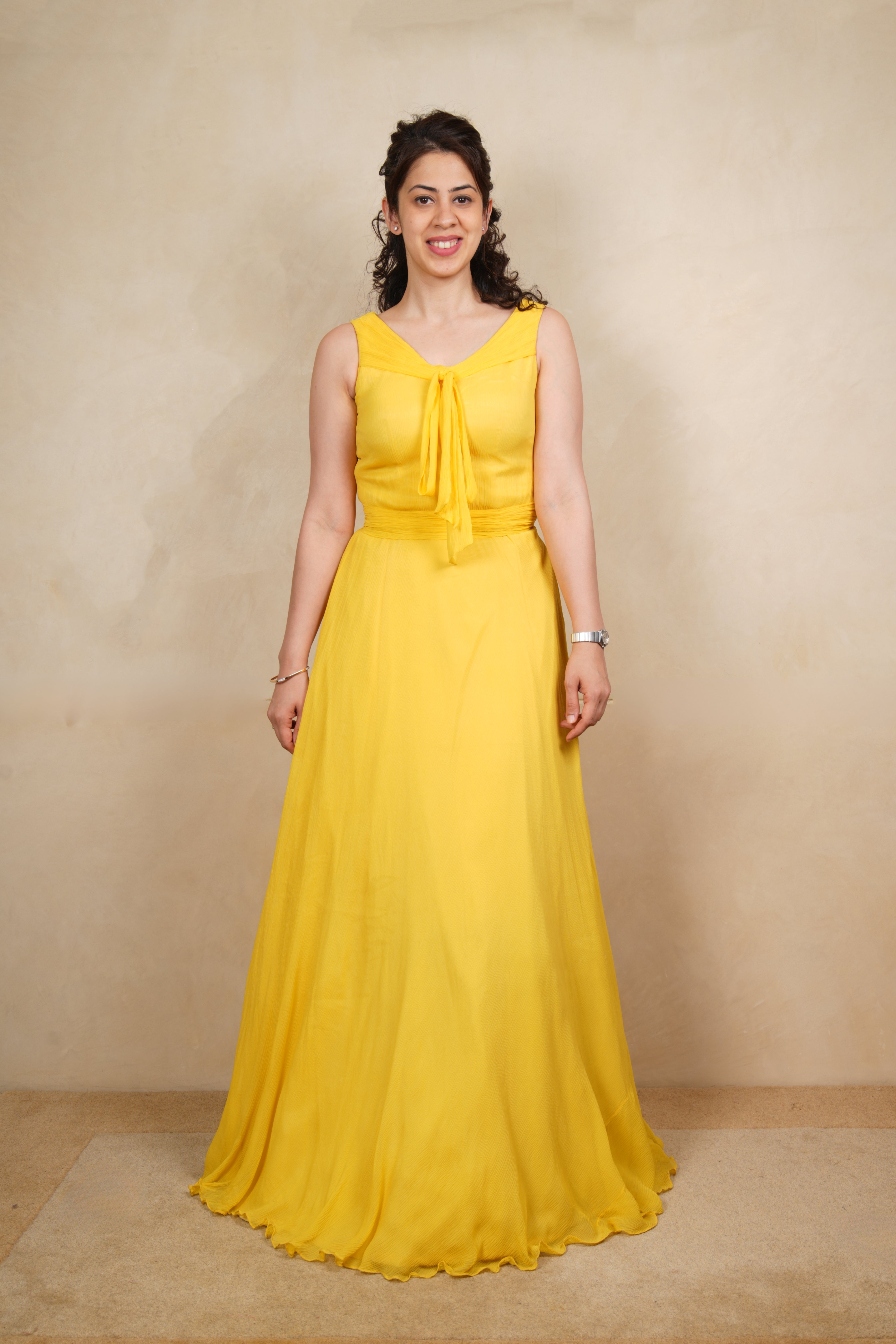 bright yellow chiffon dress Maxi – label tamanna Size:CUSTOM SIZE Women's Pink Floral Chiffon NECKLINE_Scoop formal light yellow dress Hidden back zipper/clasp