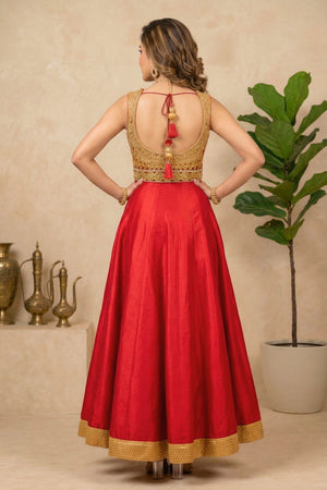 Regal Red and Gold Silk Flared Gown with Heavy Embellished Bodice
