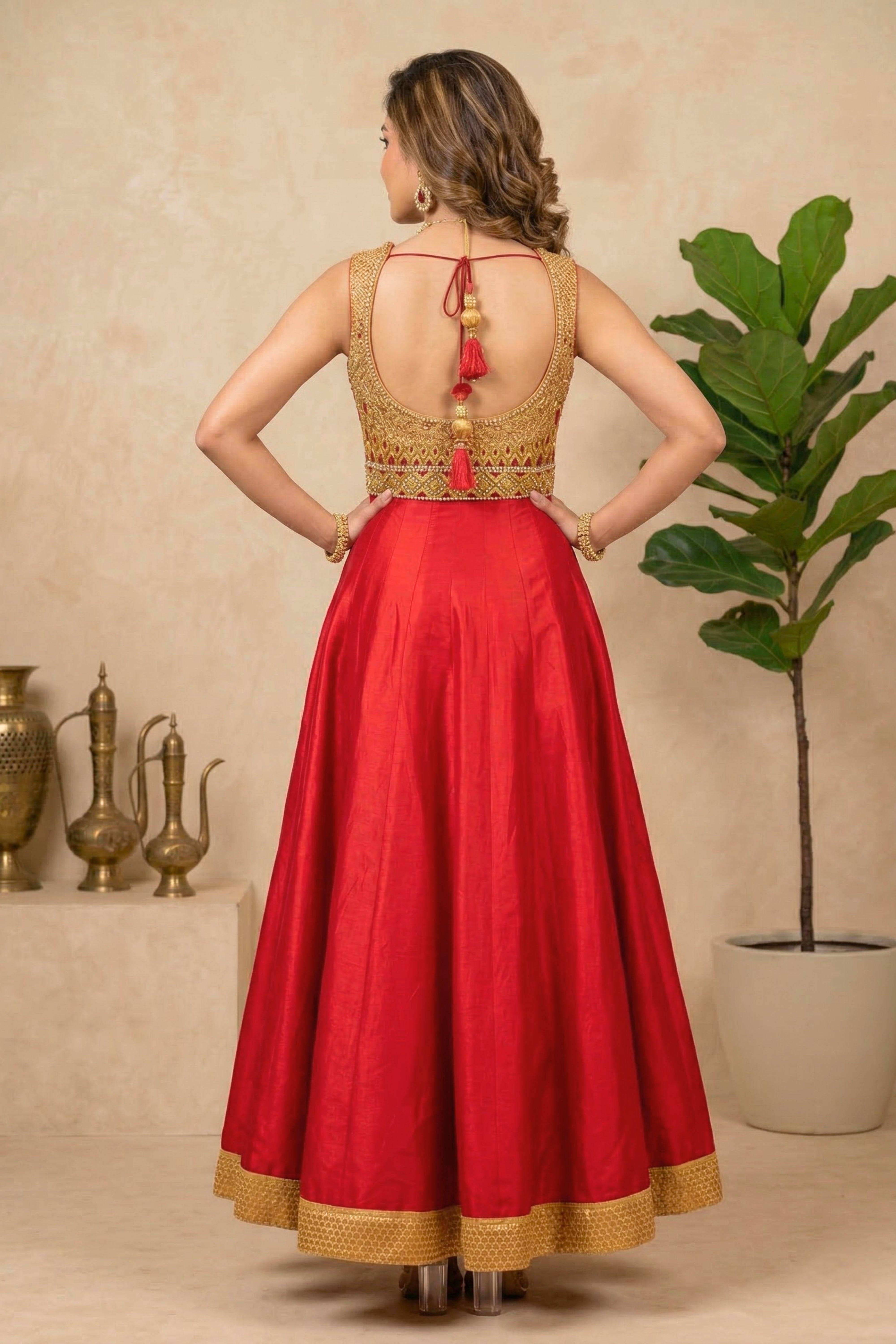 Regal Red and Gold Silk Flared Gown with Heavy Embellished Bodice
