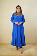 Royal Blue High Neck Satin Crepe Suit Set