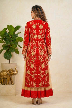 Deep Red & Gold Velvet Jacket Style Anarkali Suit