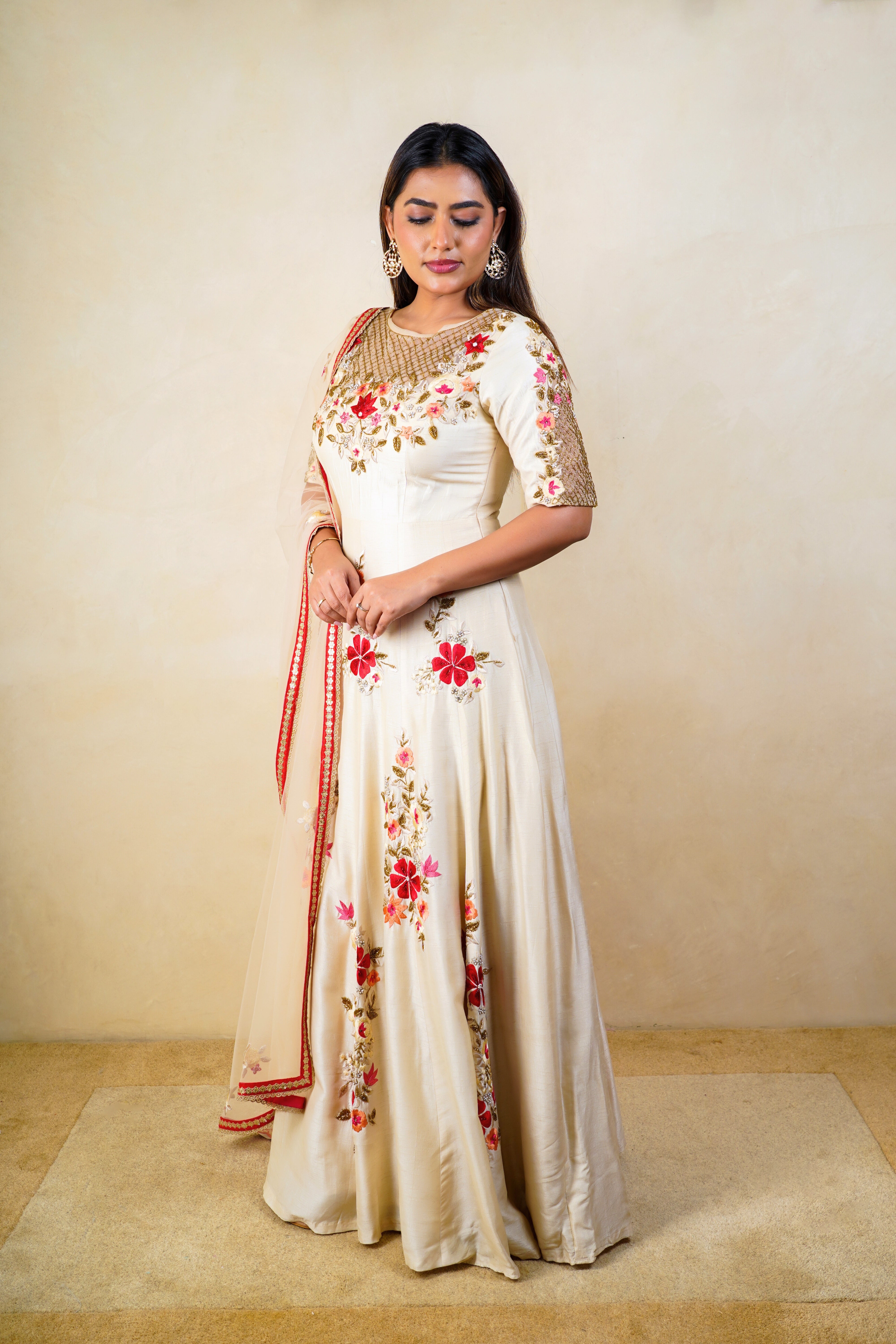 Off-White Raw Silk Floral Embroidered Anarkali Gown