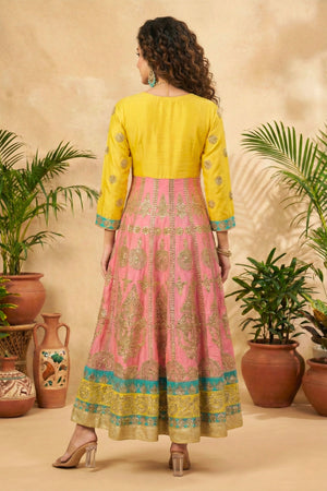 Vibrant Yellow & Pink Silk Anarkali Suit Set with Heavy Gold Embroidery