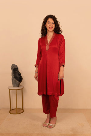 Scarlet Red Crepe Satin Kurta and Pant Co-ord Set