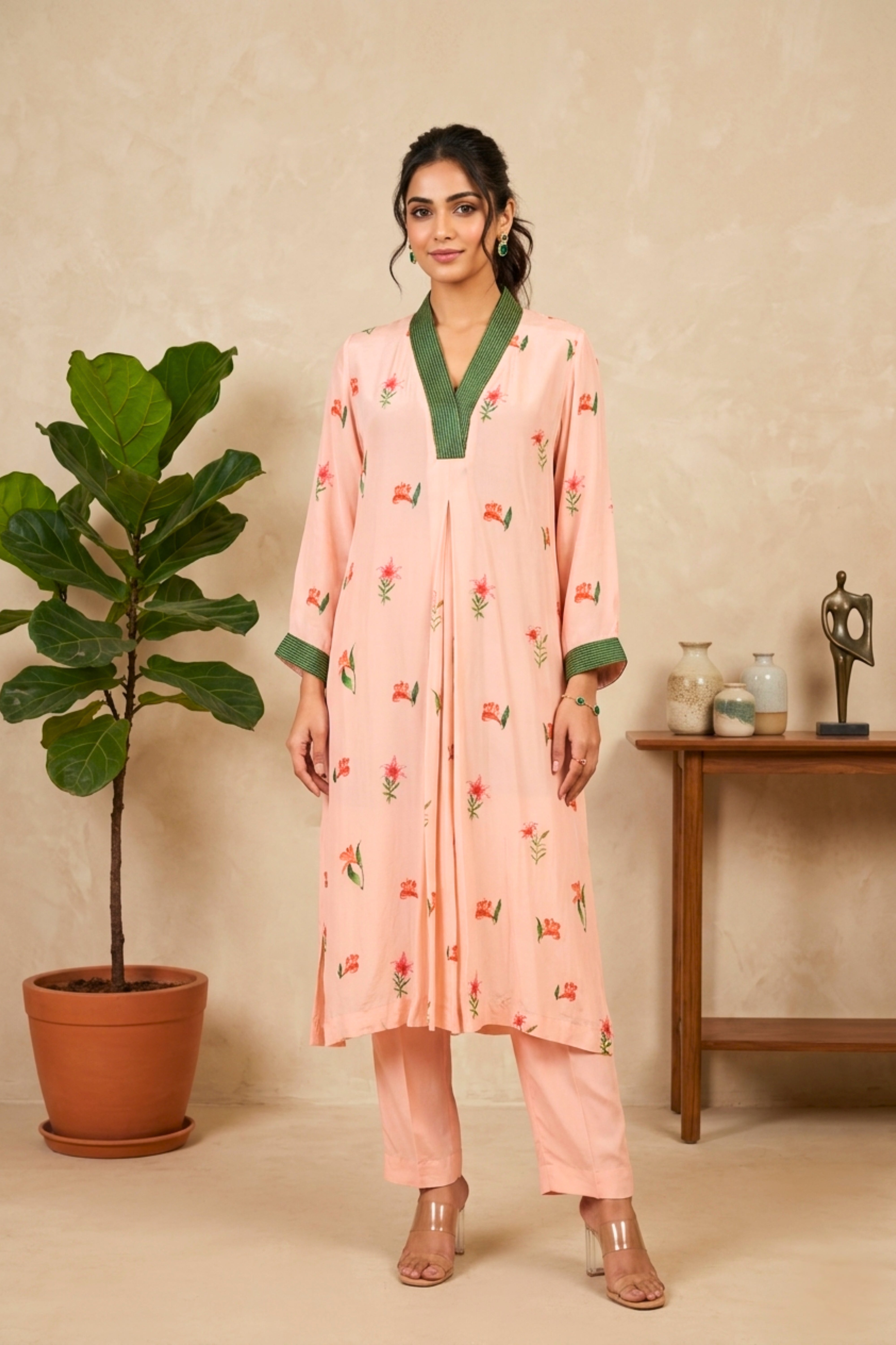 Elegant Peach Floral Printed Crepe Kurti with Contrast Green Neckline