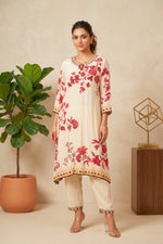 Cream and Red Floral Printed Crepe Kurti Set with Jewel Embellishments