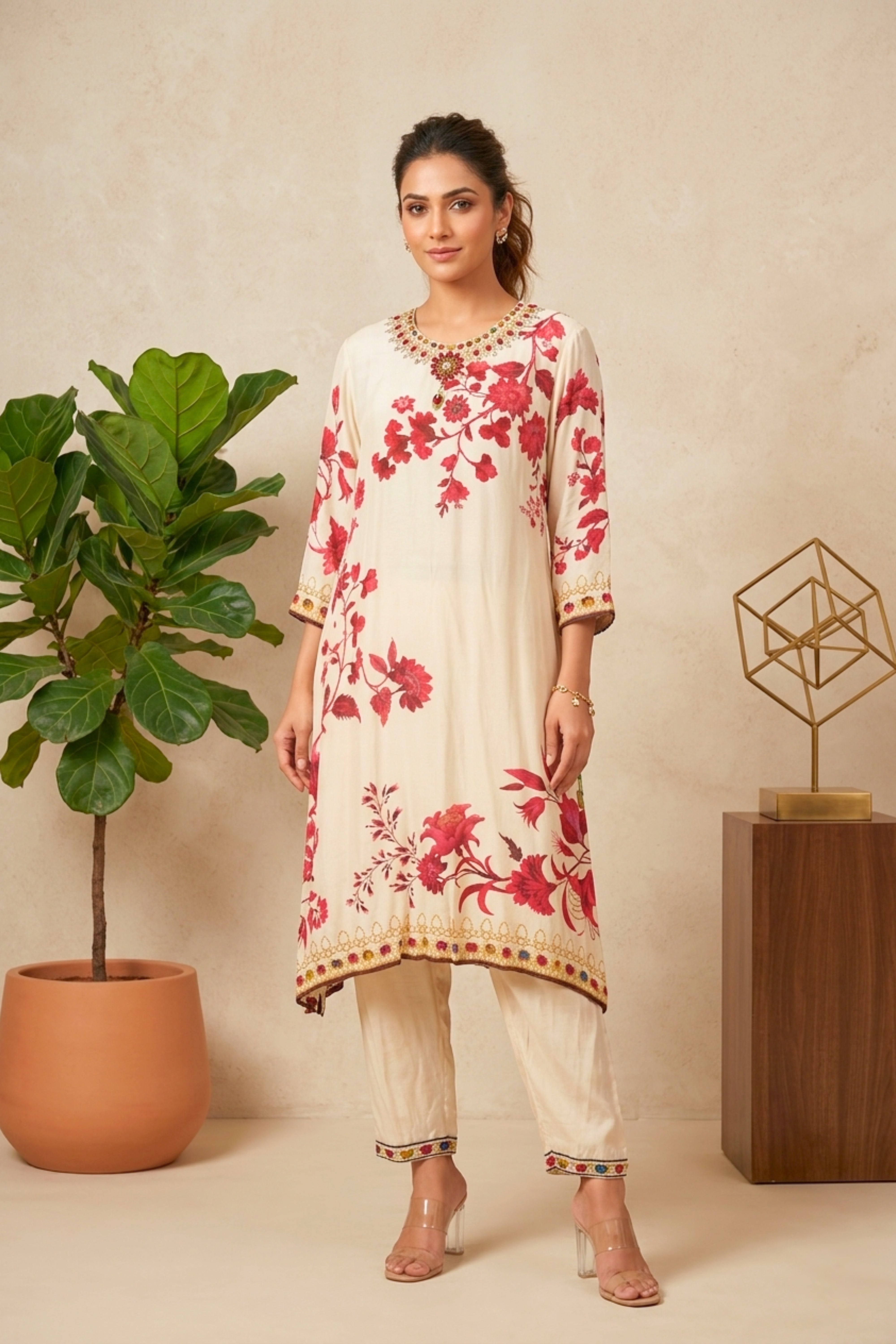 Cream and Red Floral Printed Crepe Kurti Set with Jewel Embellishments