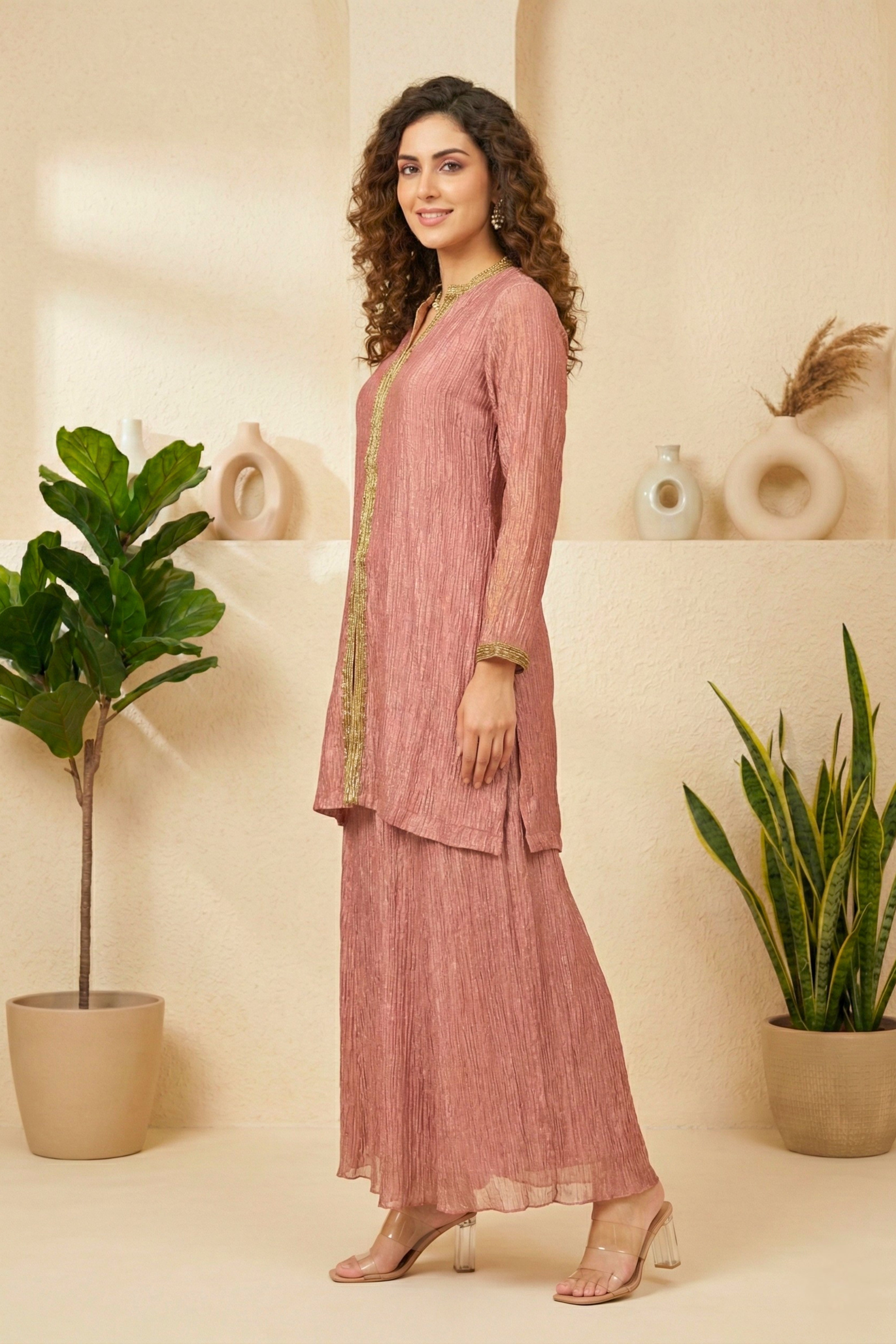 Dusty Rose Crush Tissue Silk Co-Ord Set