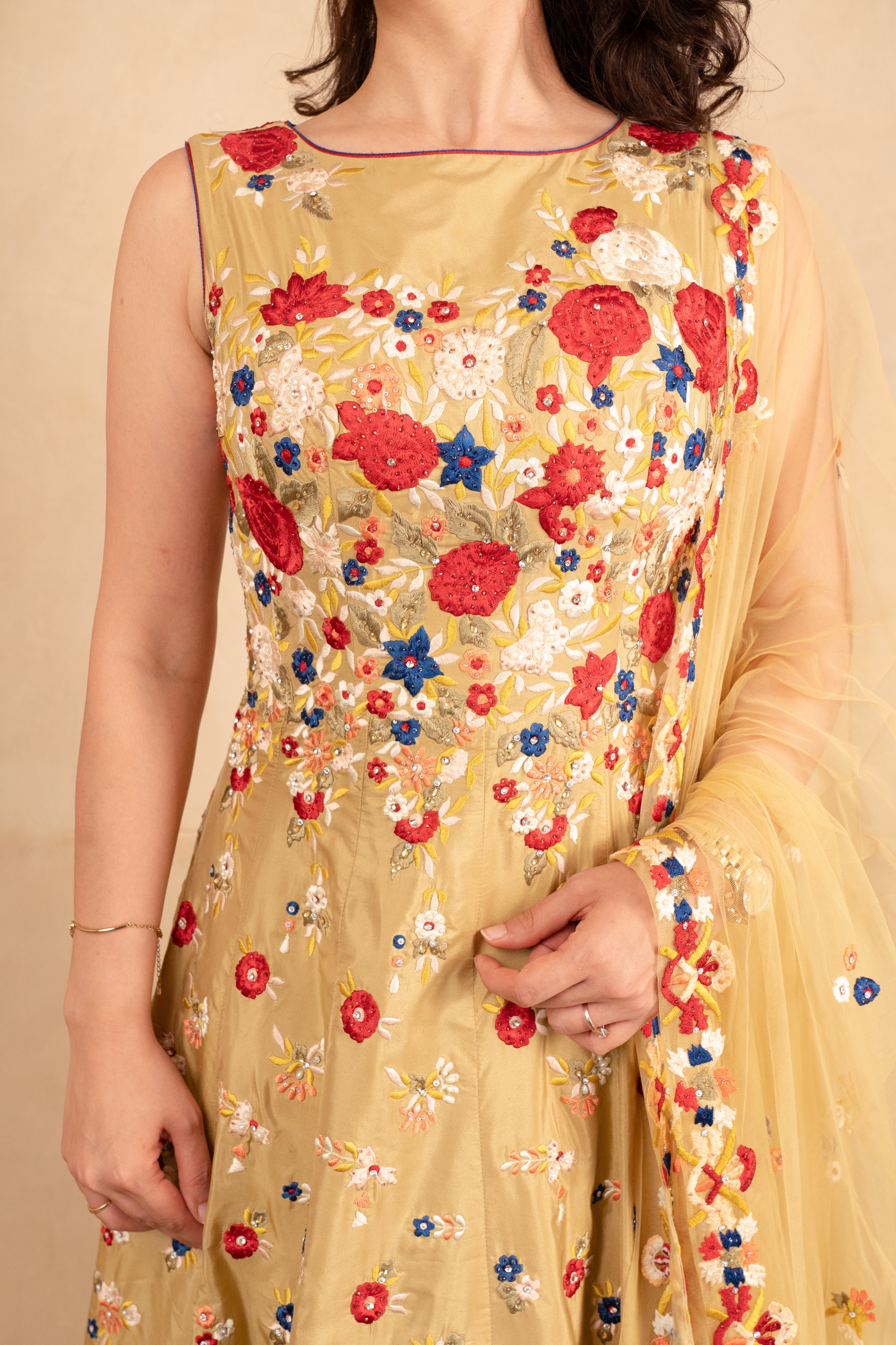 Golden Beige Indo-Western Floral Anarkali Suit Set
